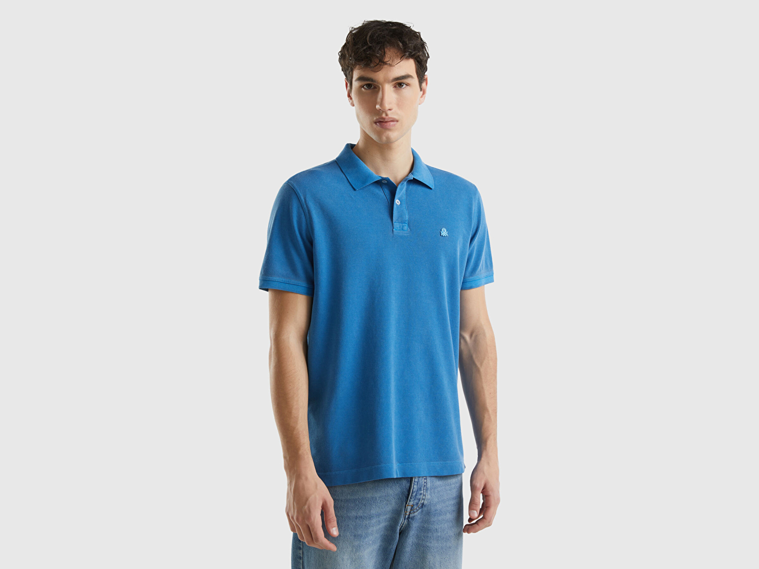 Benetton Erkek Koyu Mavi %100 Pamuk Göğsü Yama Logo İşlemeli Polo Yaka T-Shirt