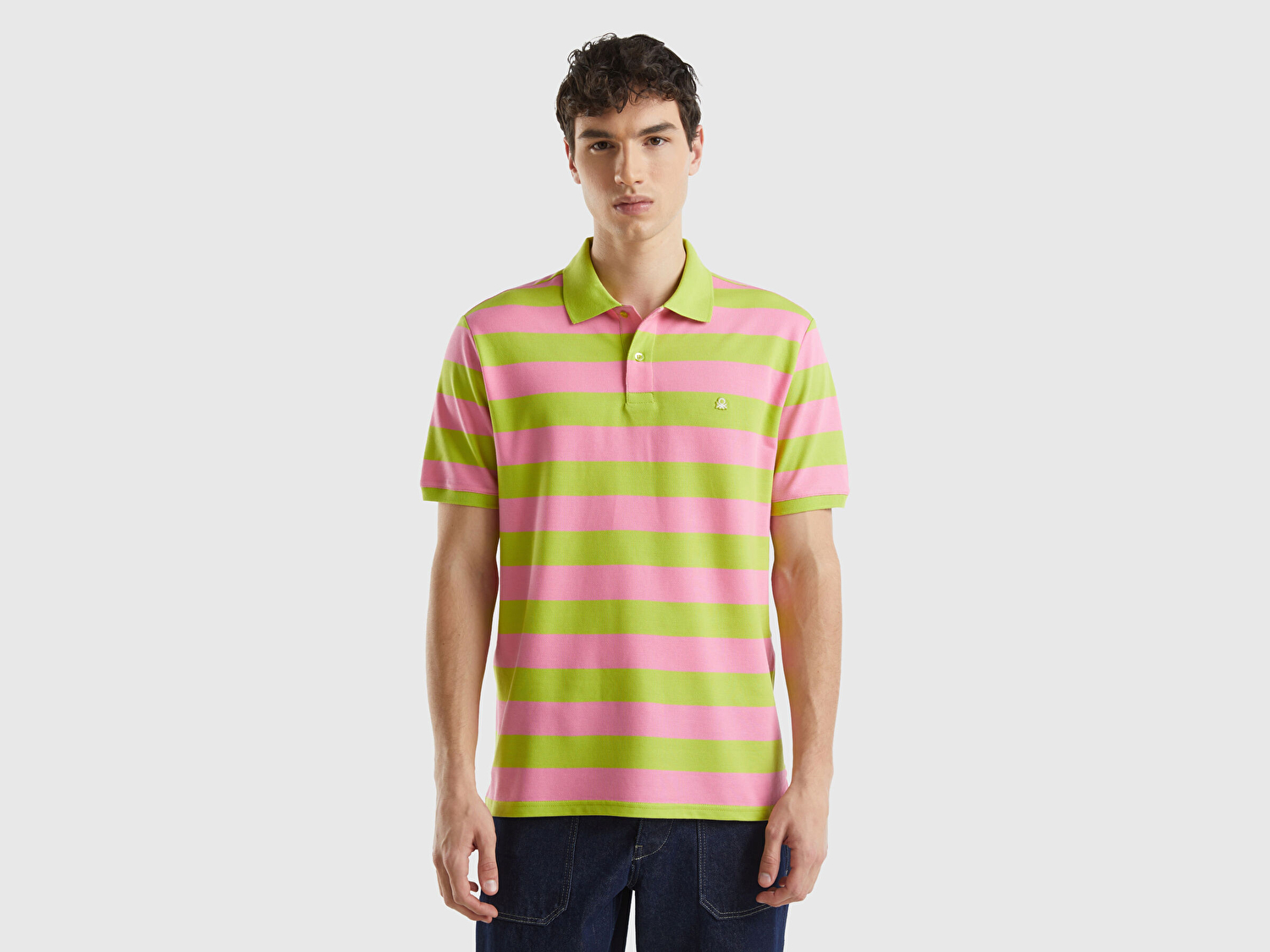 Benetton Erkek Pembe Mix %100 Pamuk Renk Bloklu Çizgili 2 Düğmeli Polo Yaka T-Shirt