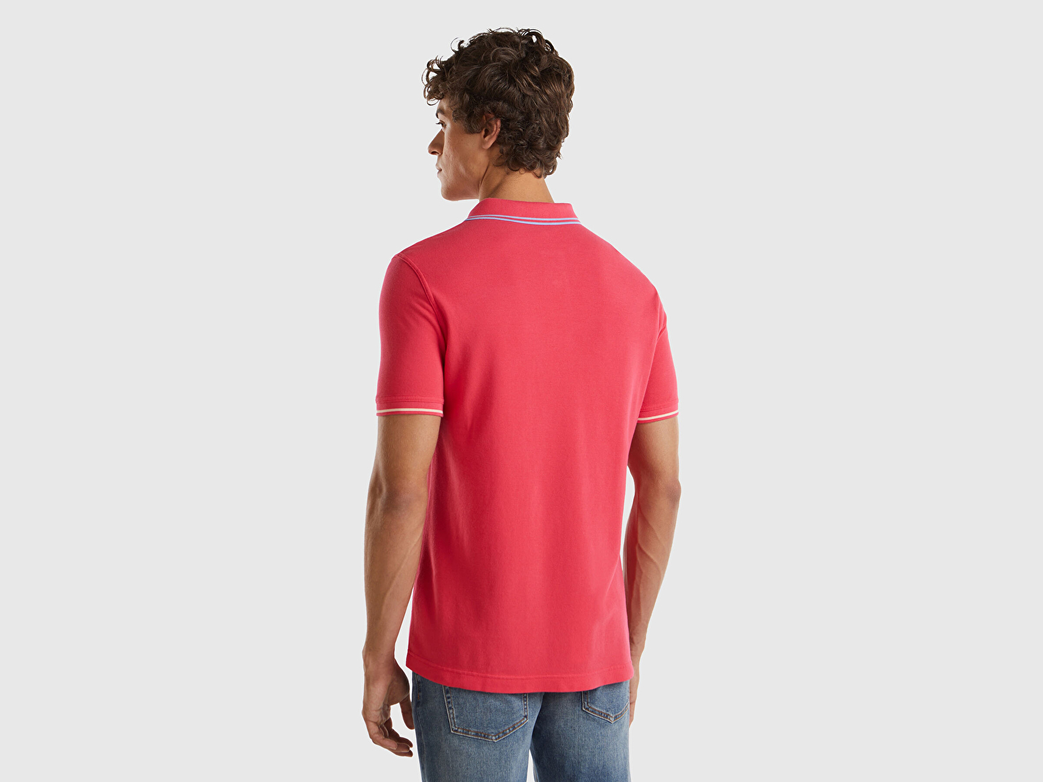 Benetton Erkek Koyu Pembe %100 Pamuk Göğsü Logo İşlemeli Kontrast Çizgili Polo T-Shirt