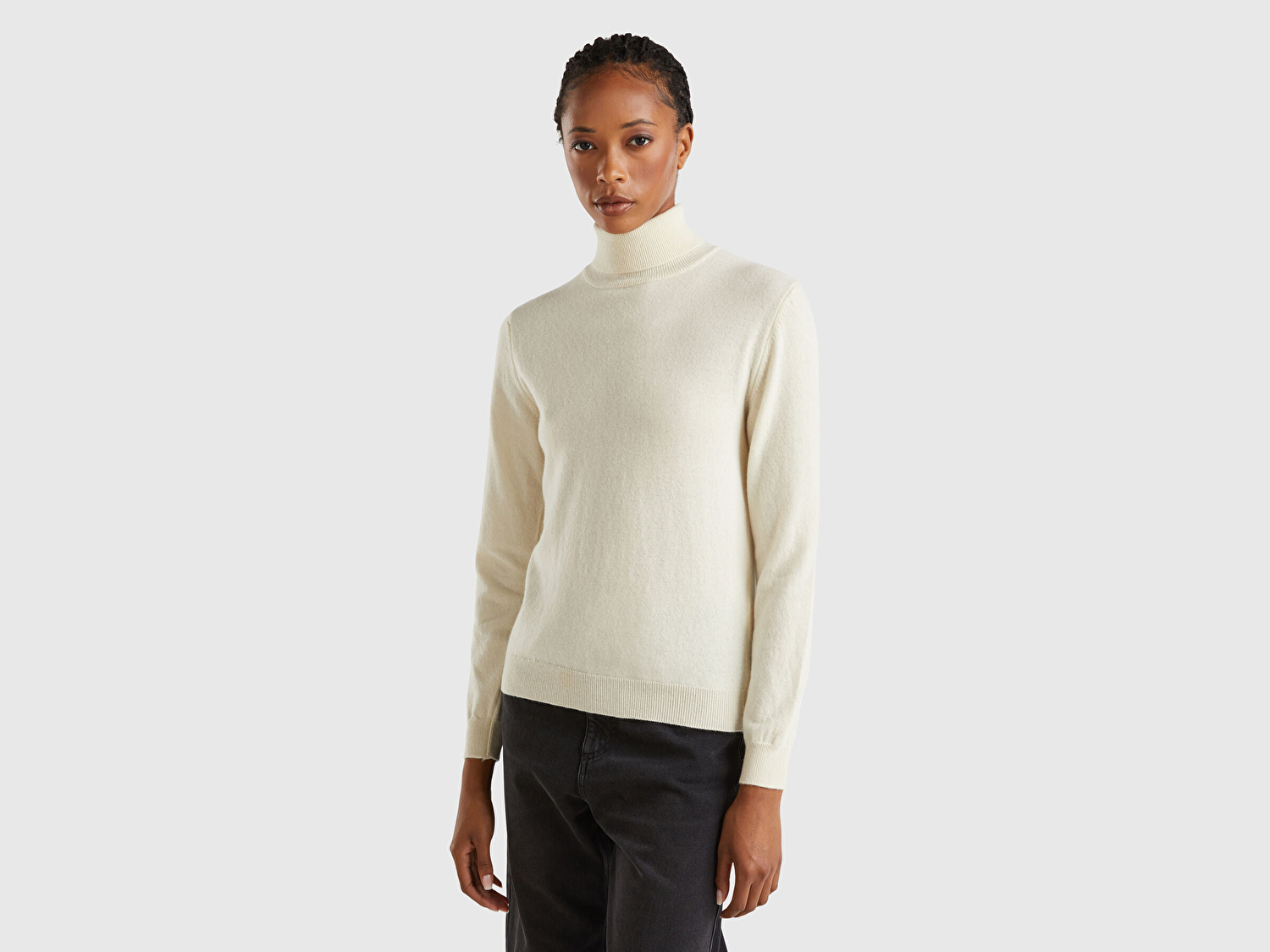Benetton Kadın Krem %100 Merino Dik Yaka  Kazak