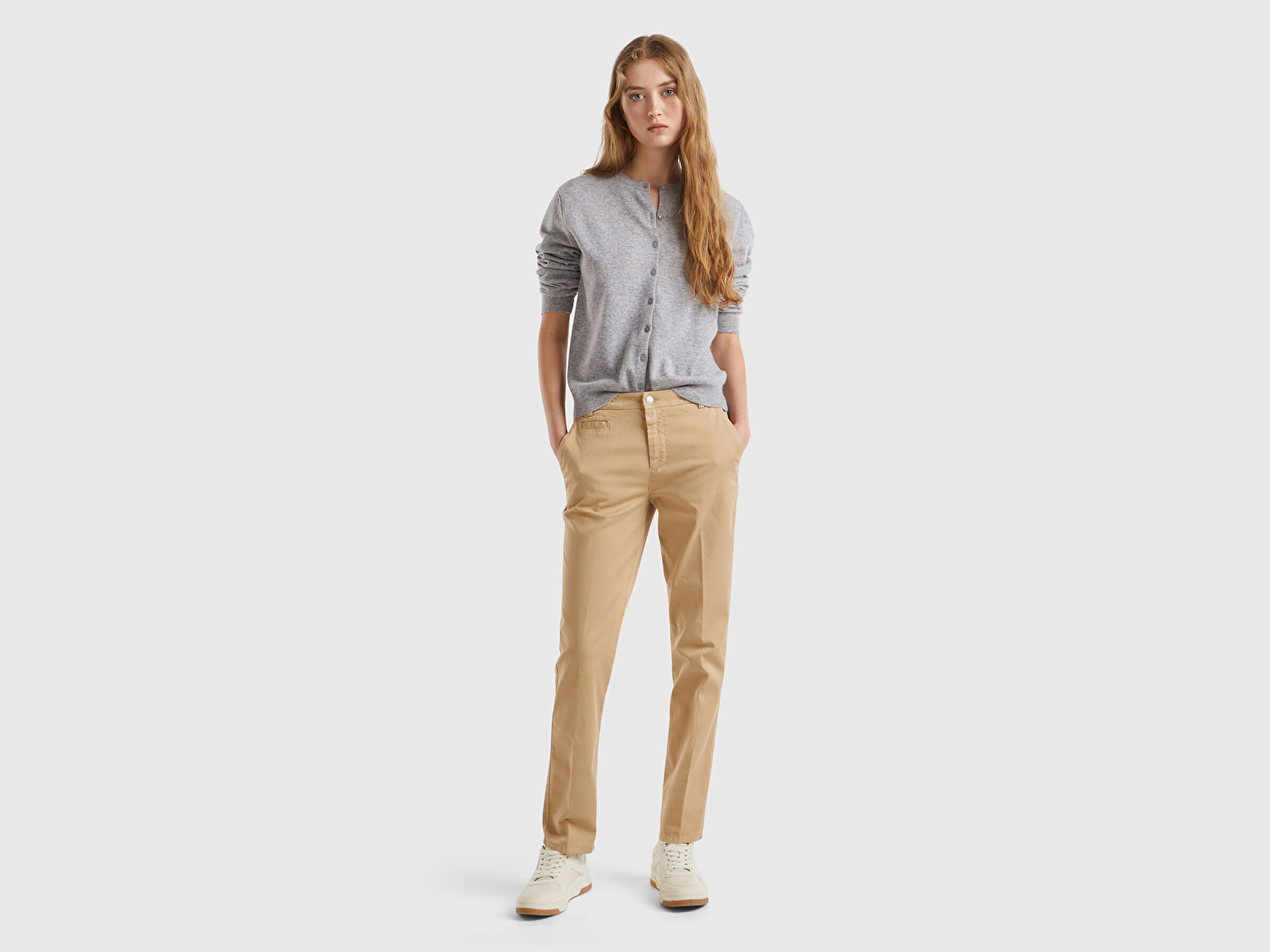 Benetton Kadın Gri Melanj %100 Merino Bisiklet Yaka  Hırka