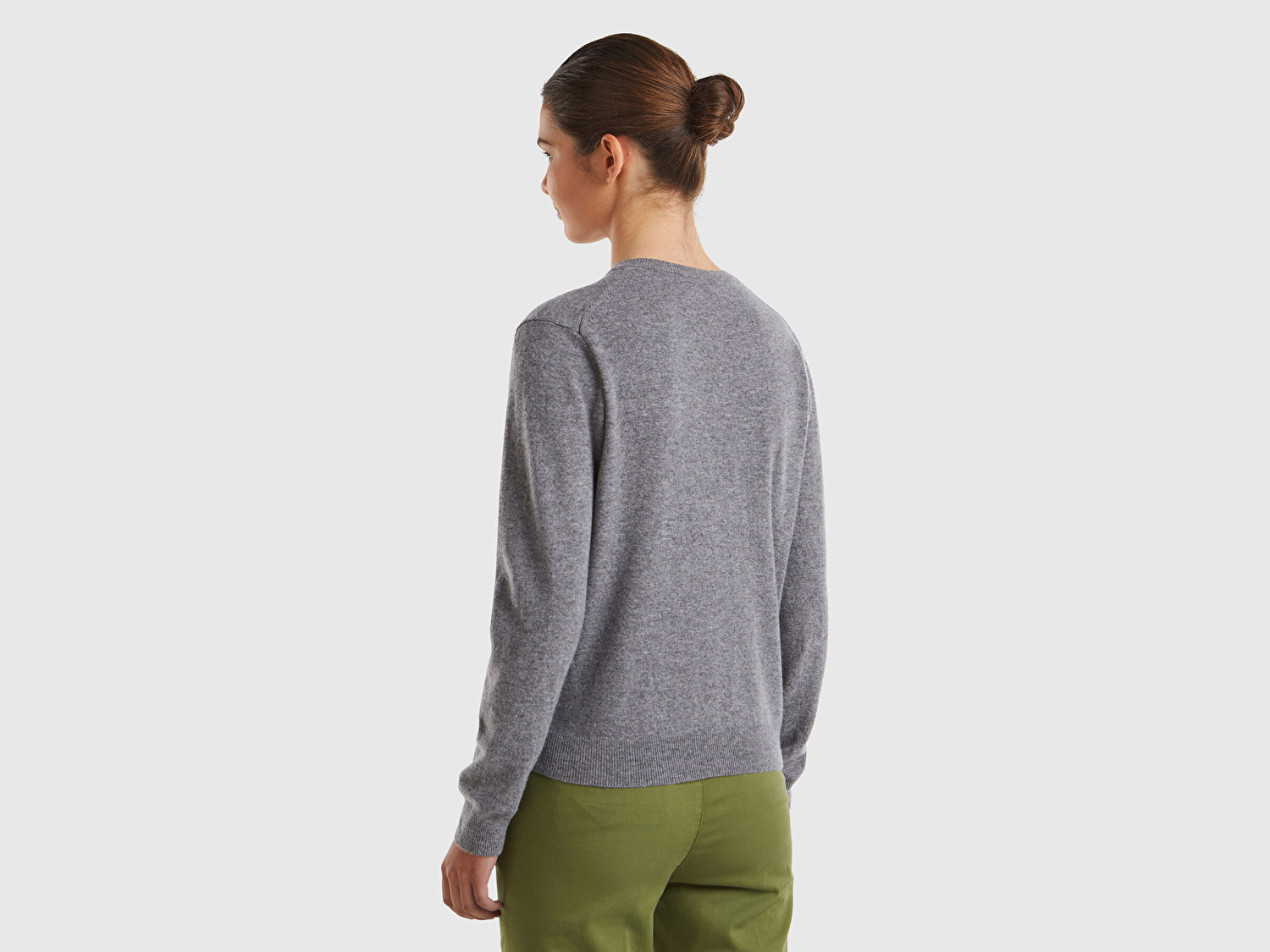 Benetton Kadın Antrasit Melanj %100 Merino Bisiklet Yaka  Hırka