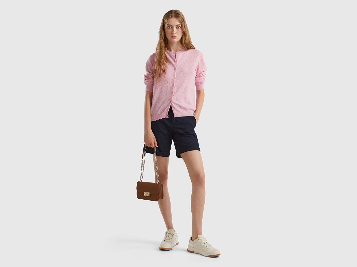 Benetton Kadın Açık Pembe %100 Merino Bisiklet Yaka  Hırka