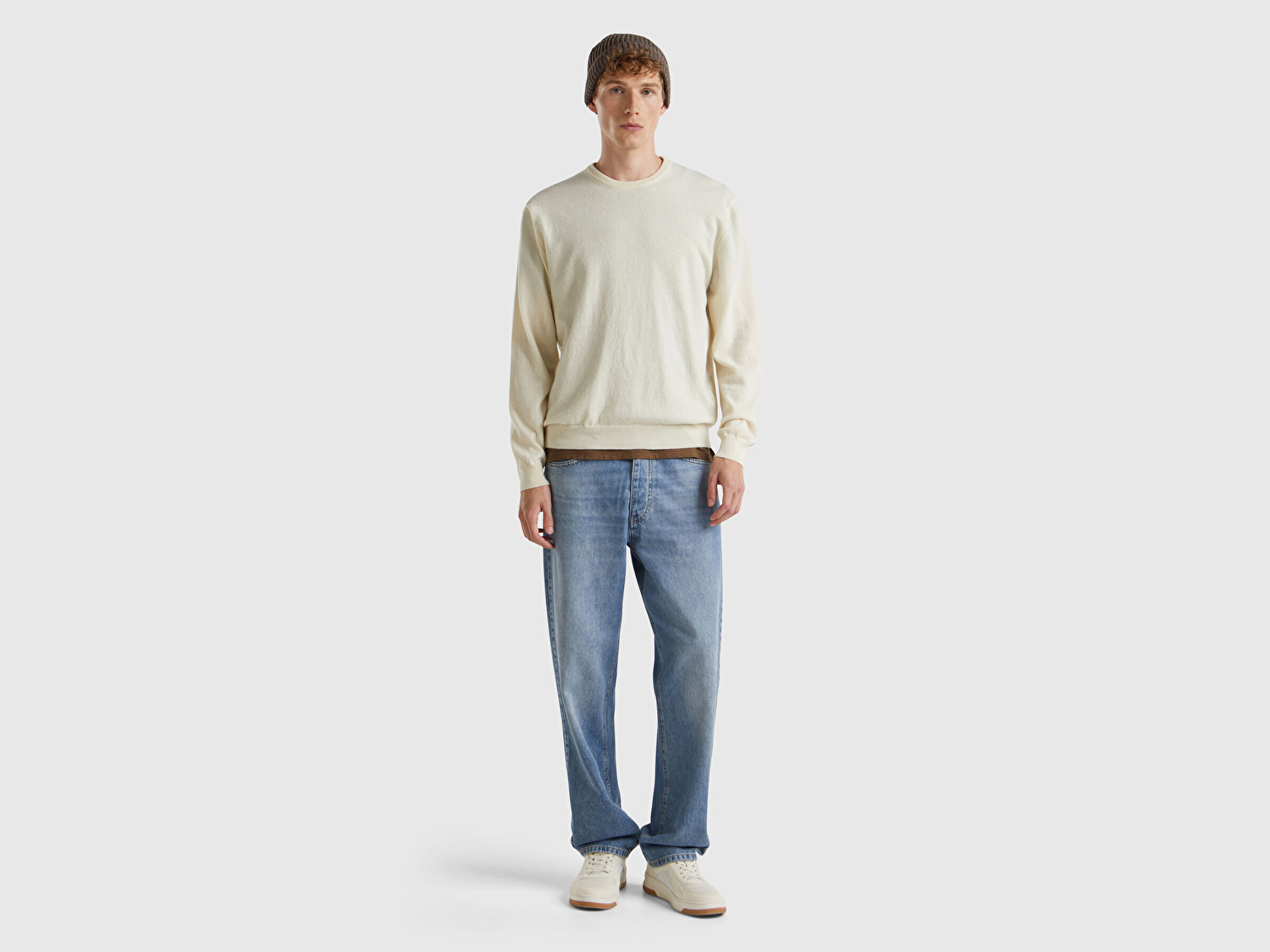 Benetton Erkek Krem %100 Merino Bisiklet Yaka  Kazak