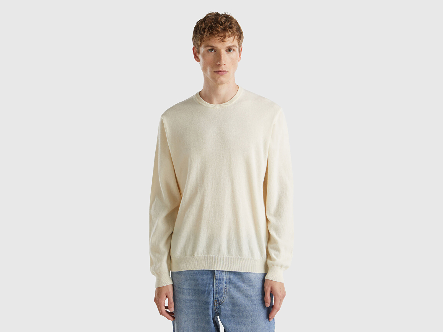 Benetton Erkek Krem %100 Merino Bisiklet Yaka  Kazak