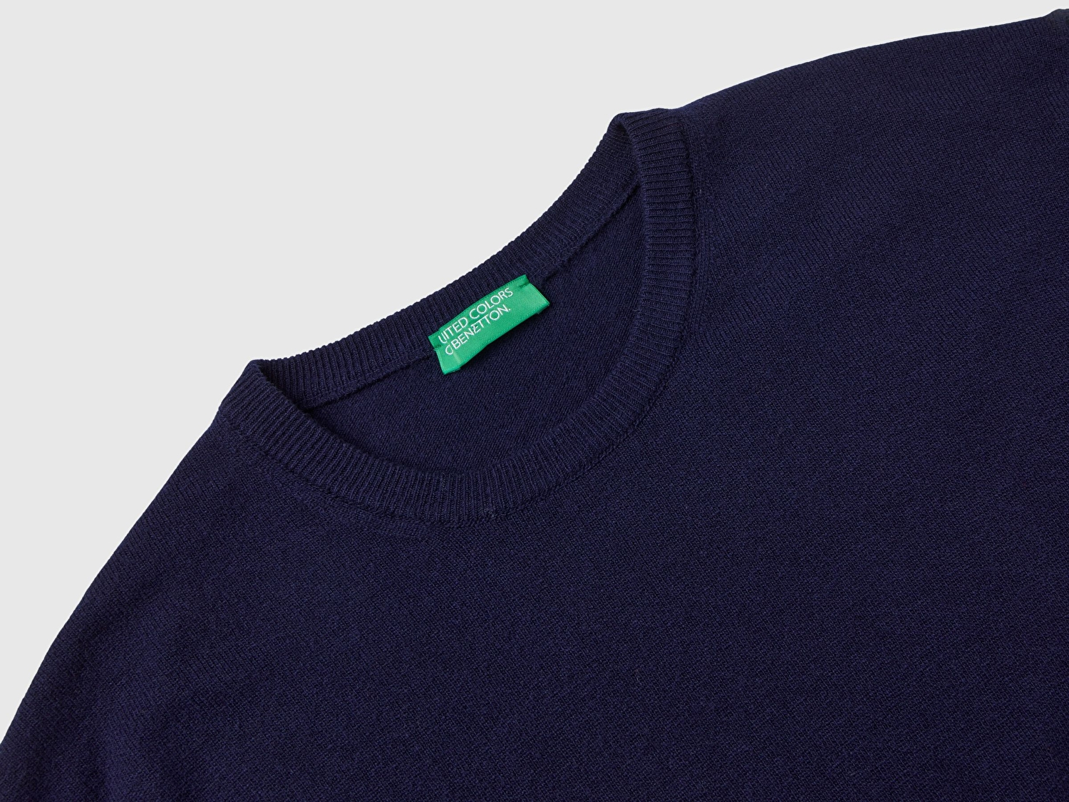 Benetton Erkek Lacivert %100 Merino Bisiklet Yaka  Kazak