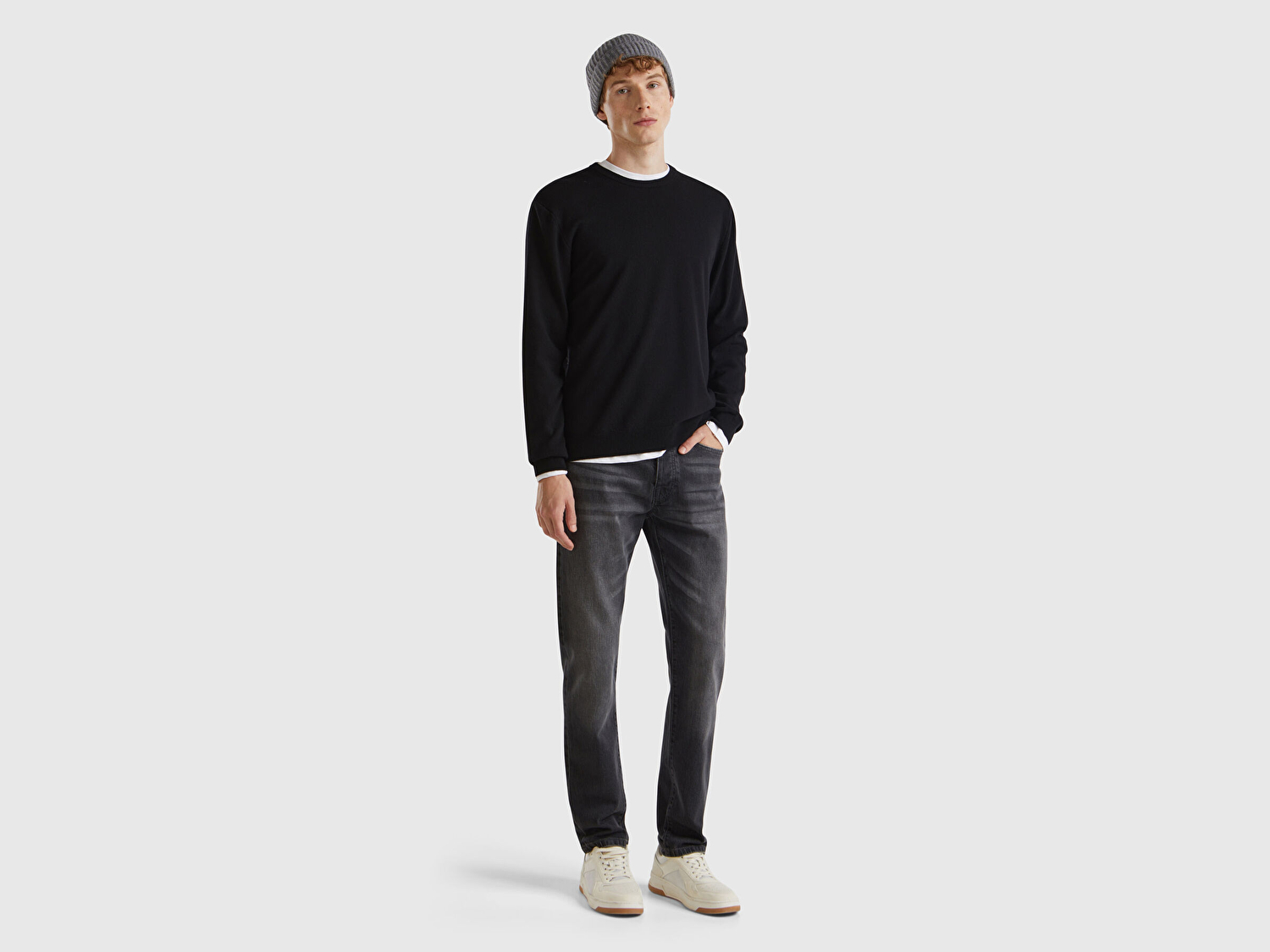 Benetton Erkek Siyah %100 Merino Bisiklet Yaka  Kazak