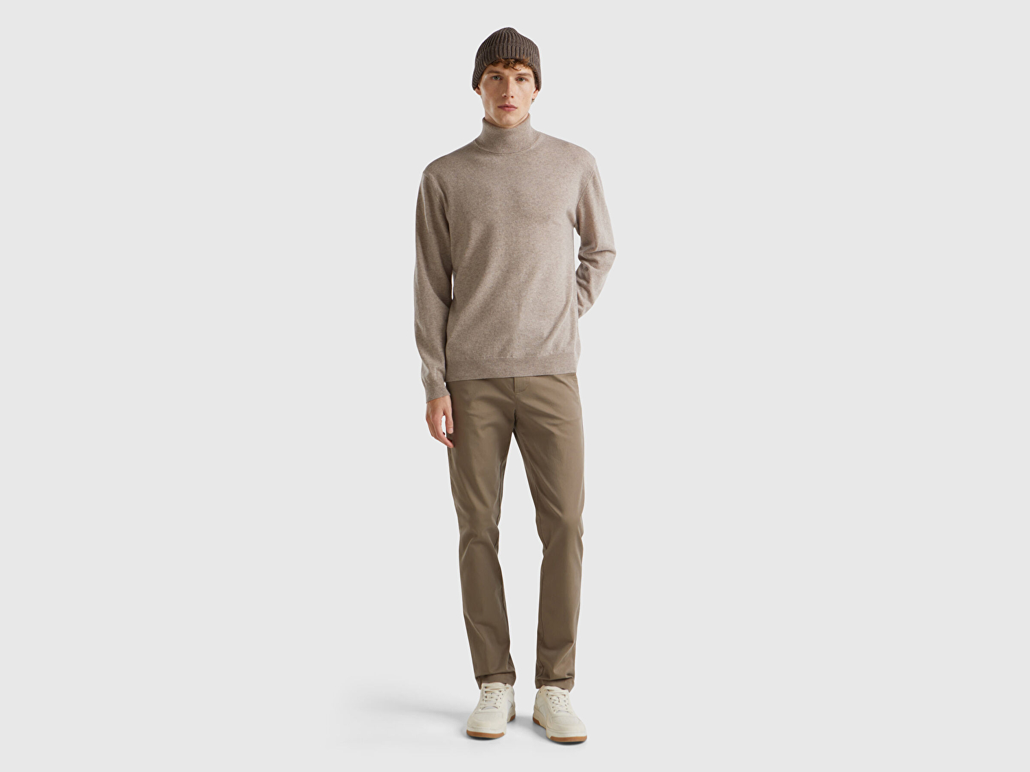 Benetton Erkek Bej Melanj %100 Merino Boğazlı  Kazak