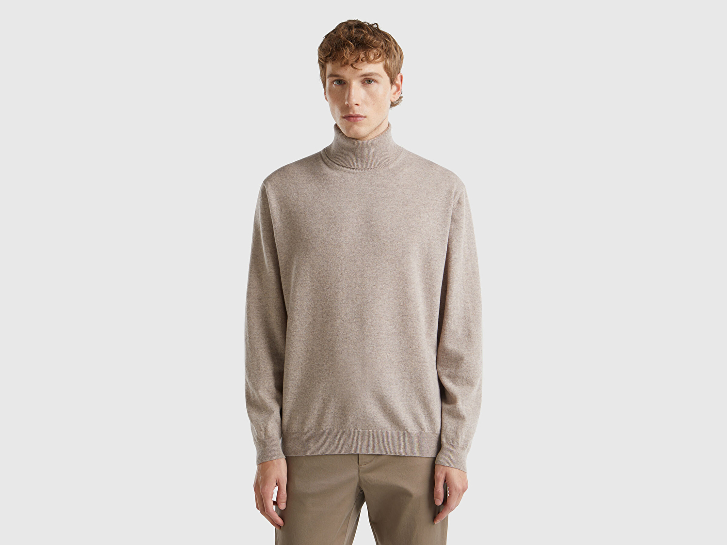 Benetton Erkek Bej Melanj %100 Merino Boğazlı  Kazak