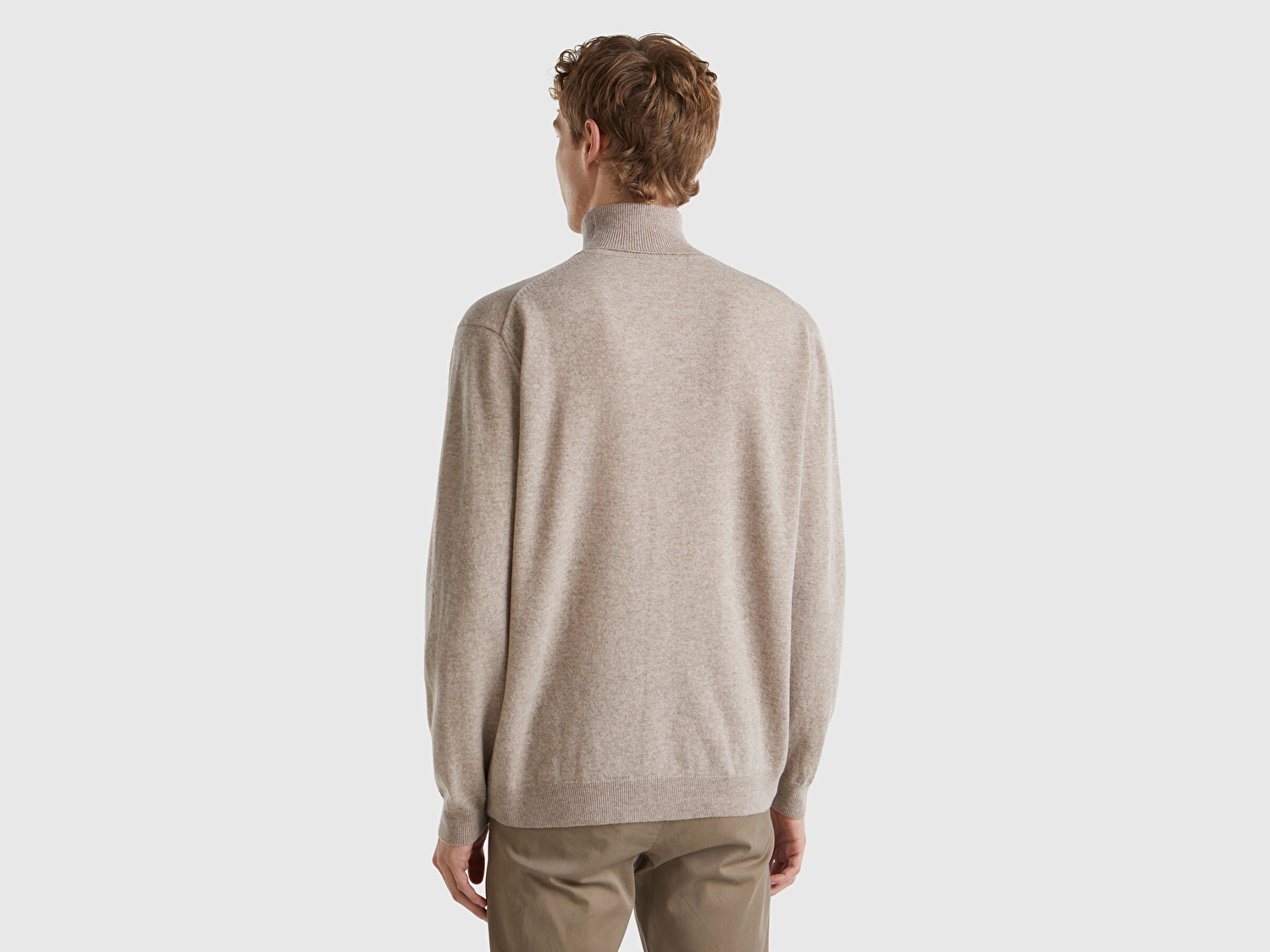 Benetton Erkek Bej Melanj %100 Merino Boğazlı  Kazak