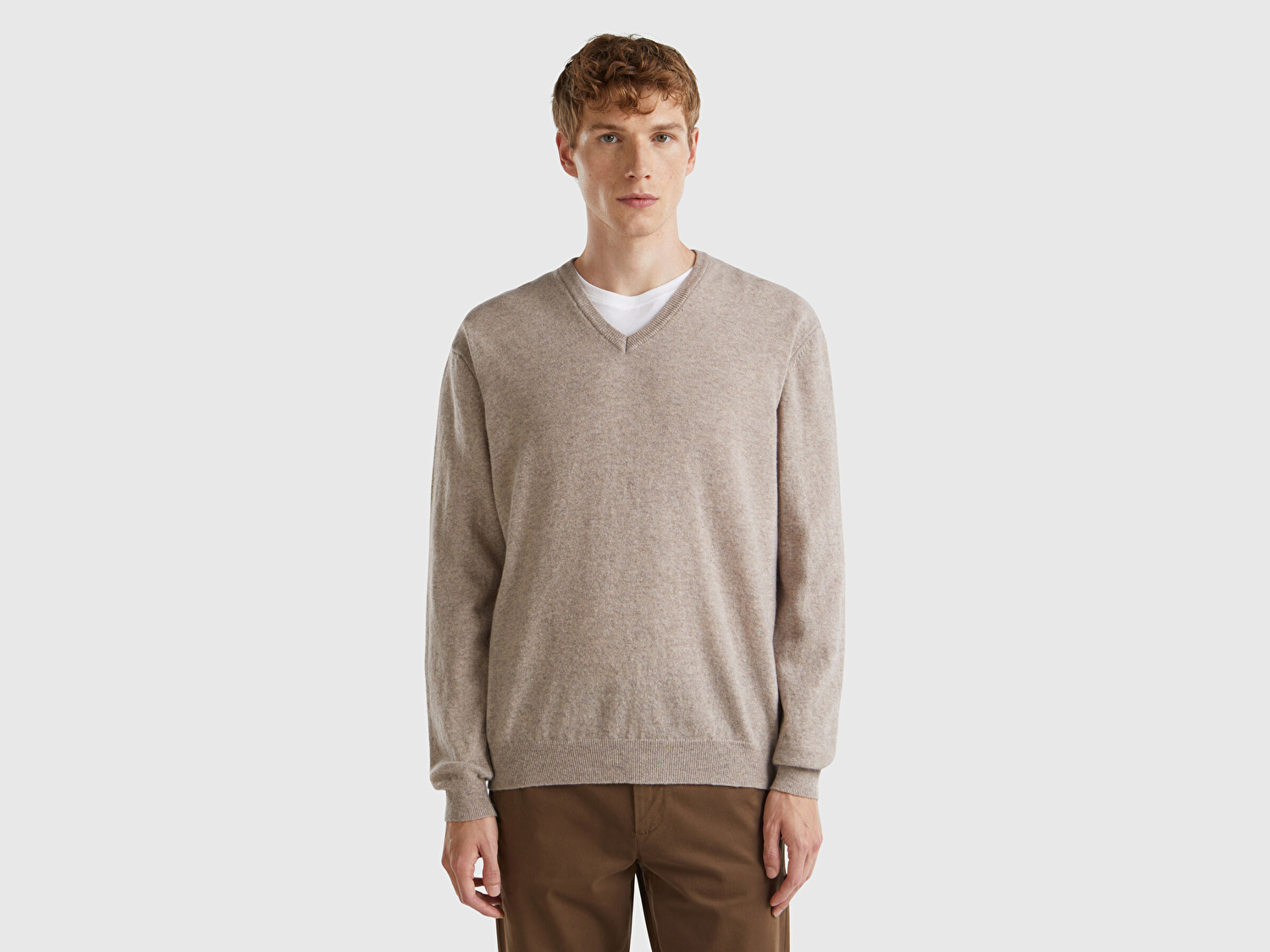 Benetton Erkek Bej Melanj V Yaka %100 Merino Kazak