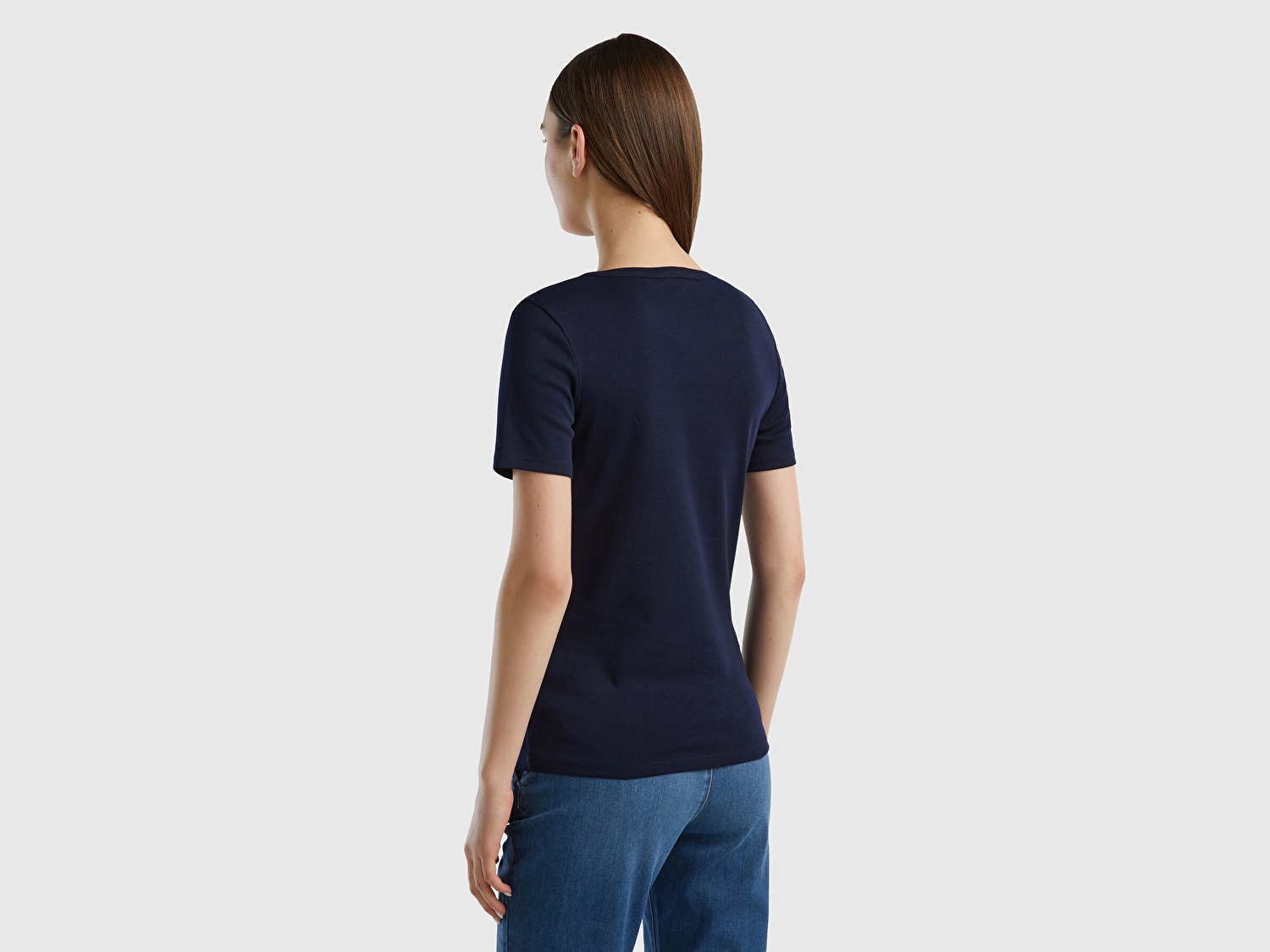 Benetton Kadın Lacivert %100 Koton Basic Kısa Kollu Bisiklet Yaka T-Shirt