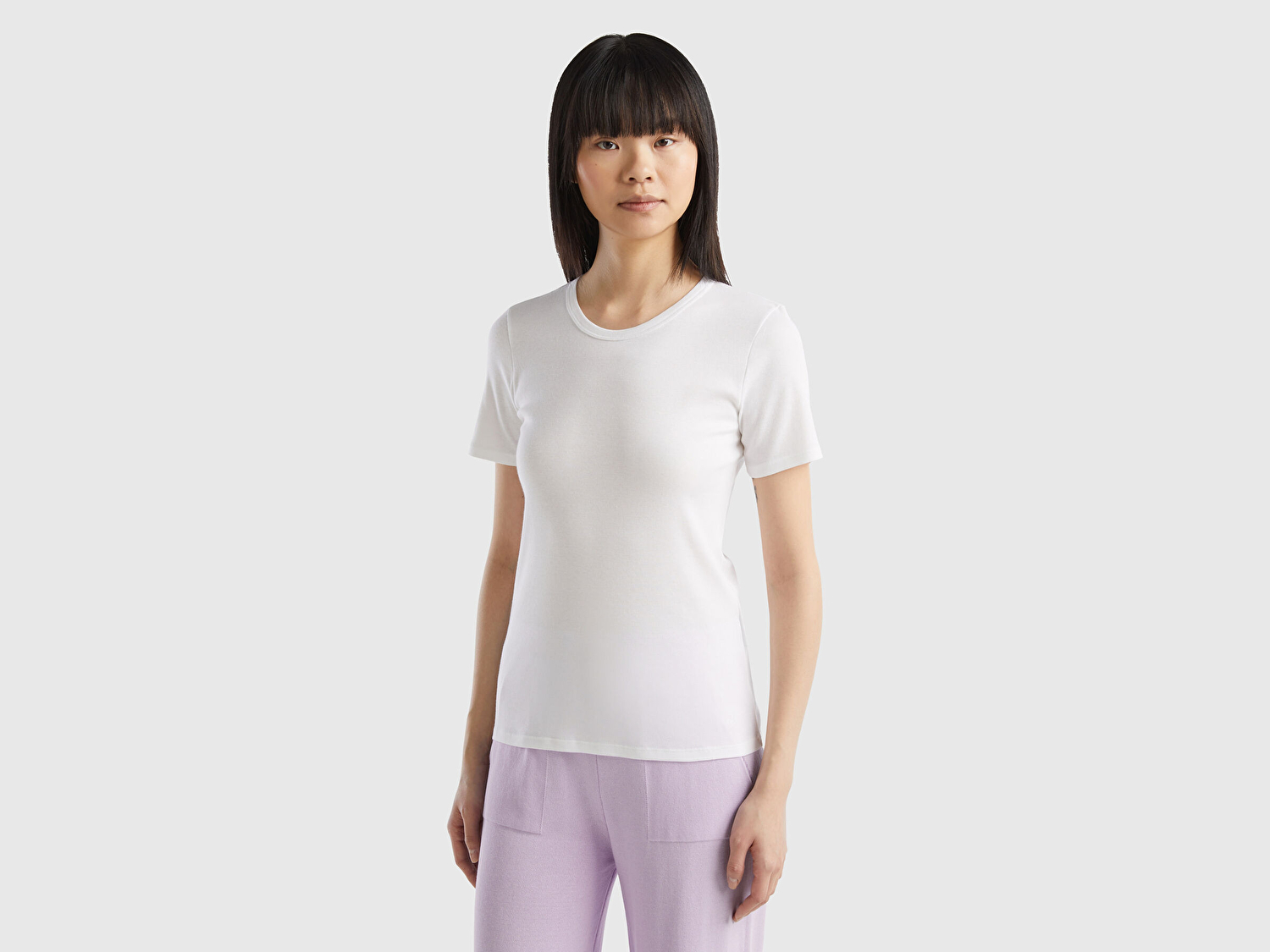 Benetton Kadın Beyaz %100 Koton Basic Kısa Kollu Bisiklet Yaka T-Shirt