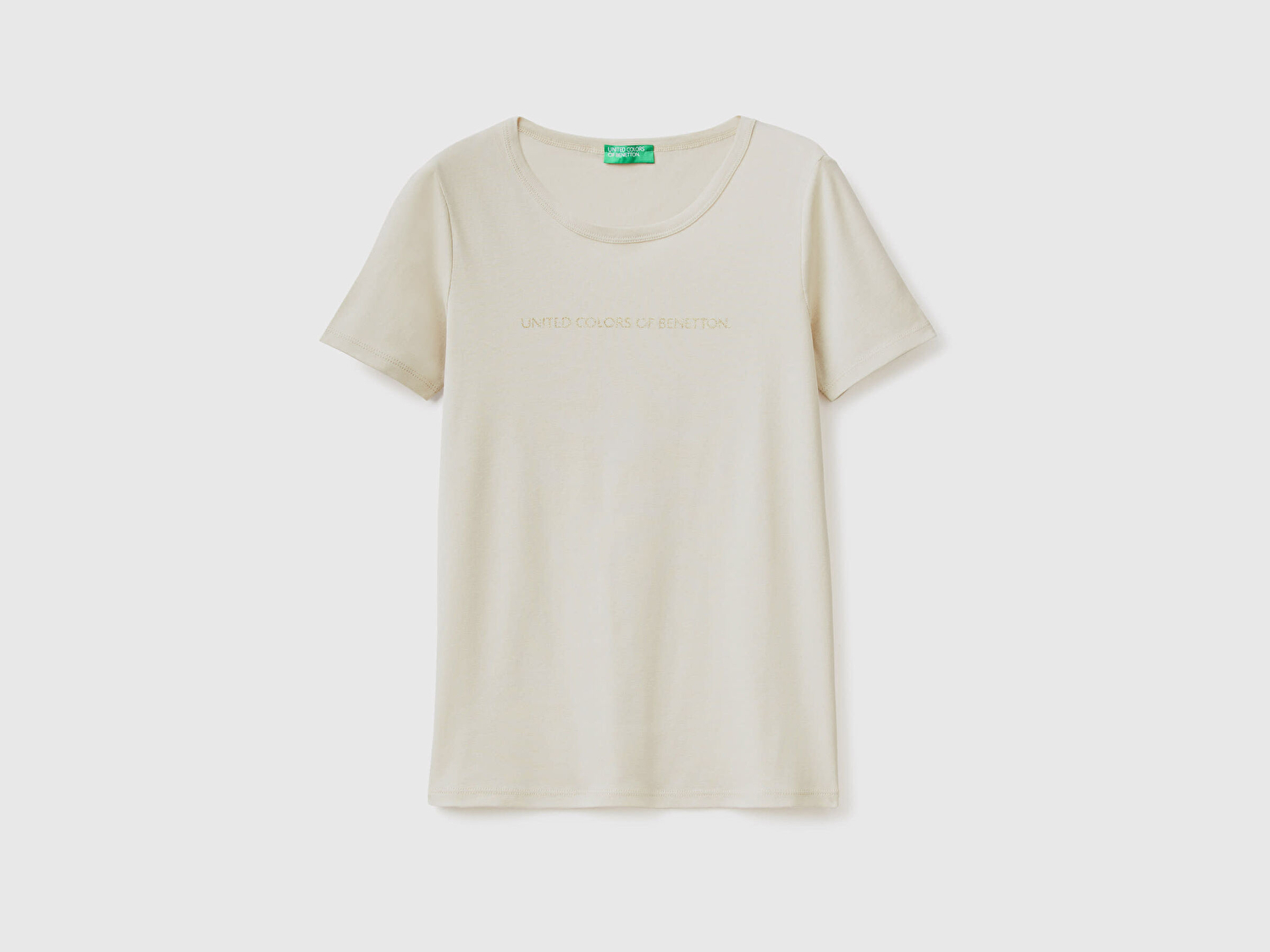 Benetton Kadın Taş Rengi %100 Koton Benetton Yazılı Basic T-Shirt