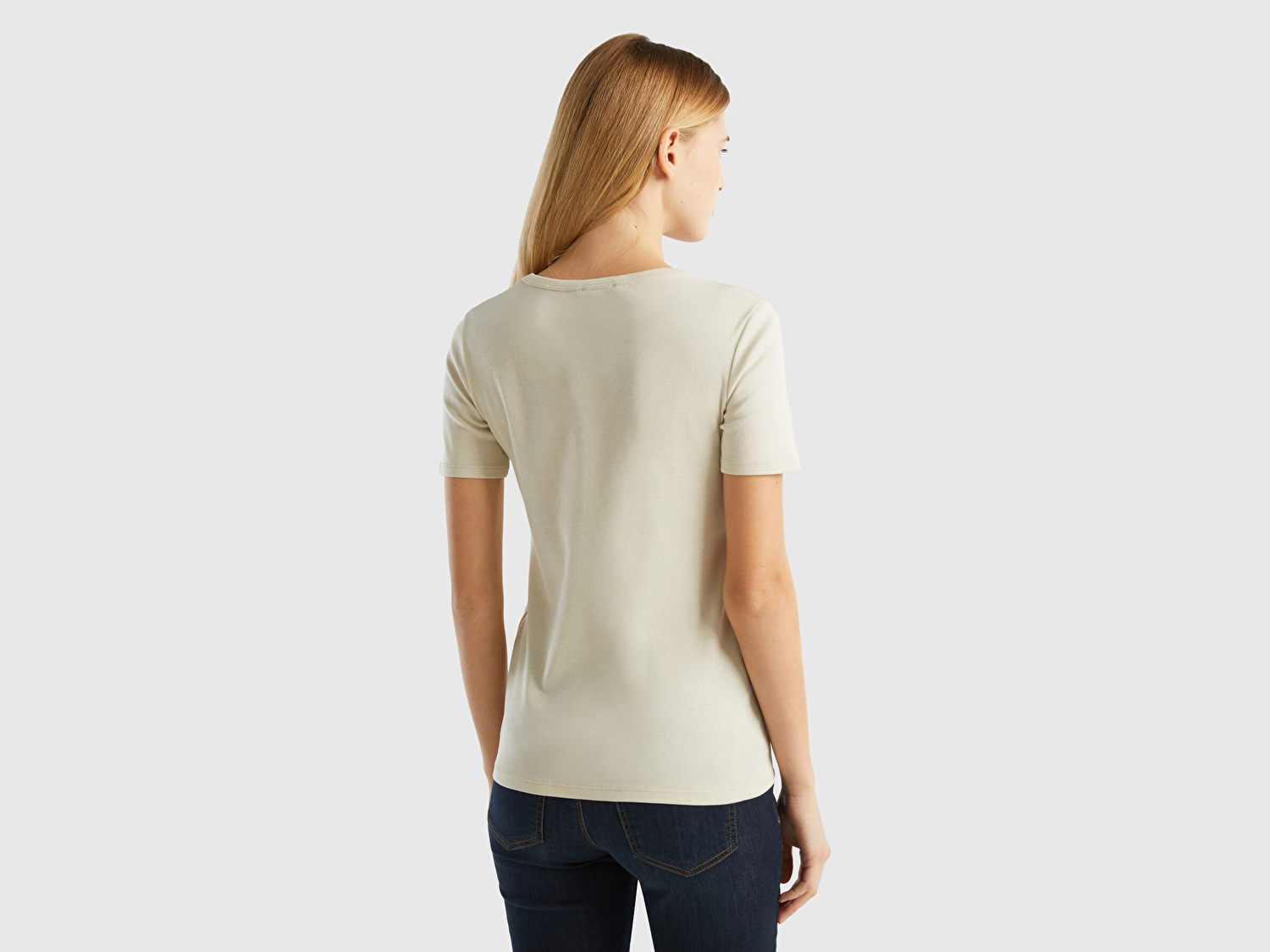 Benetton Kadın Taş Rengi %100 Koton Benetton Yazılı Basic T-Shirt