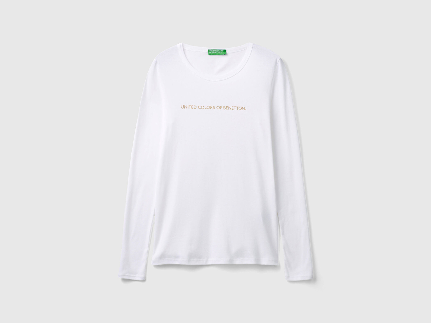 Benetton Kadın Beyaz %100 Koton Bisiklet Yaka Benetton Yazılı Uzun Kollu T-Shirt