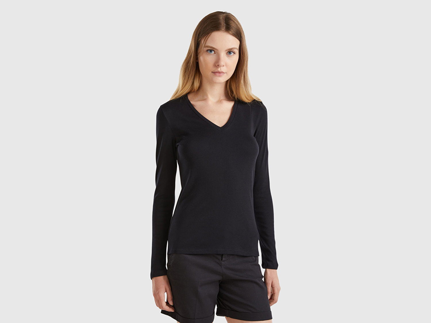 Benetton Kadın Siyah Basic V Yaka Uzun Kollu T-Shirt