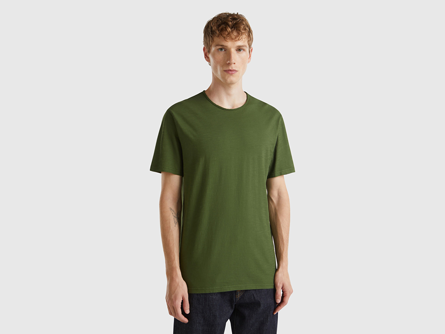 Benetton Erkek Yeşil Bisiklet Yaka Slub T-shirt