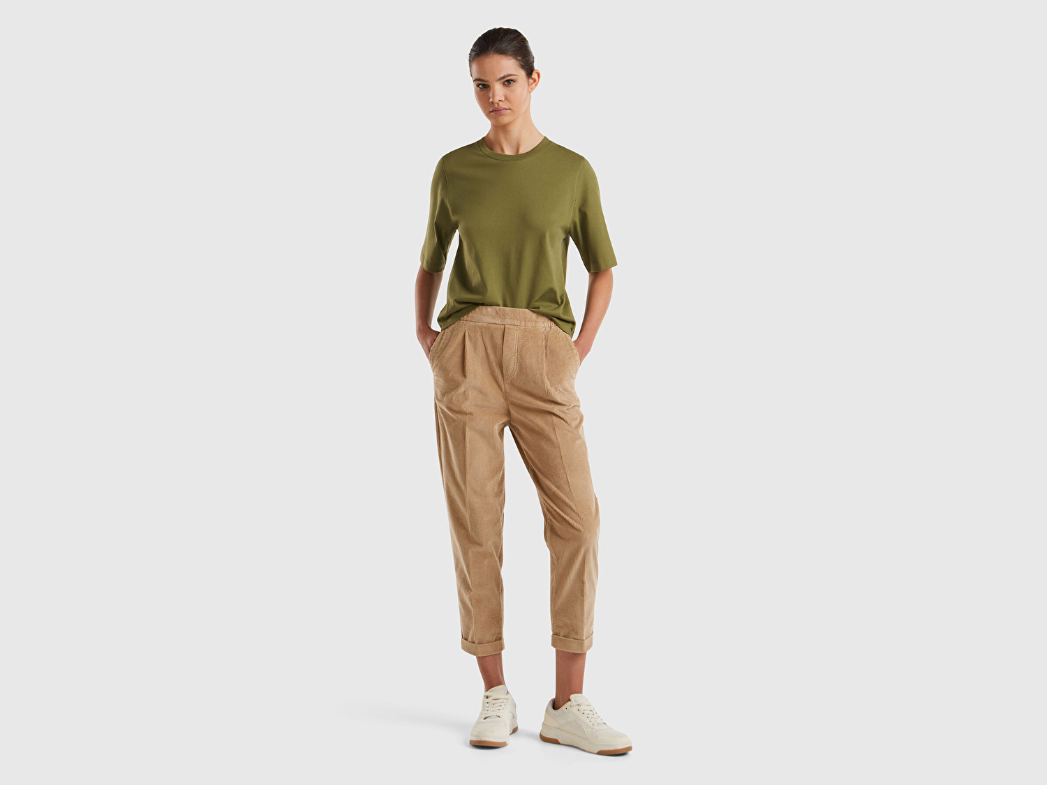 Benetton Kadın Taba Beli Lastikli Kadife Pantolon
