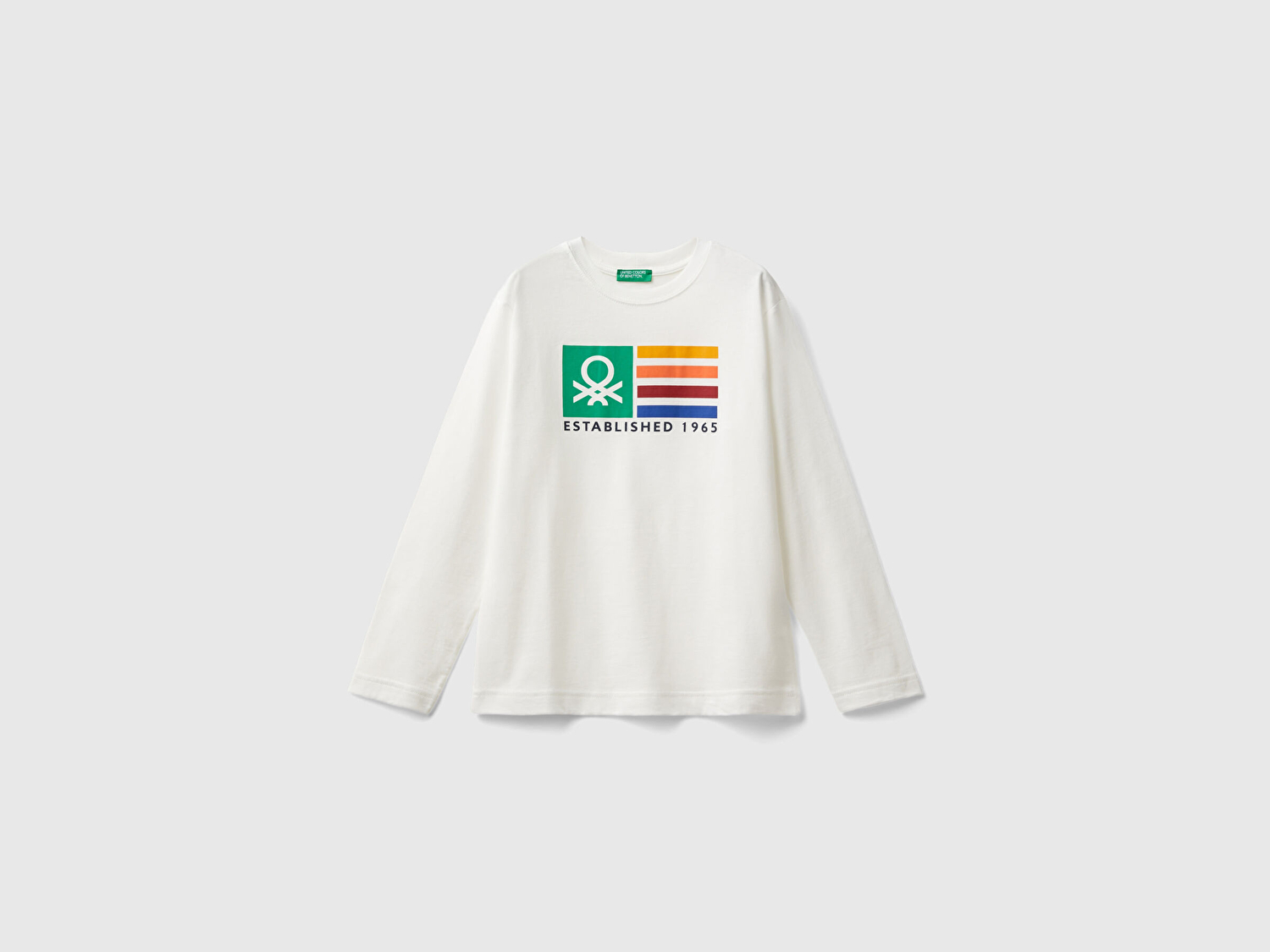 Benetton Erkek Çocuk Beyaz Önü Çok Renkli Logo Baskılı Bisiklet Yaka Uzun Kollu T-Shirt