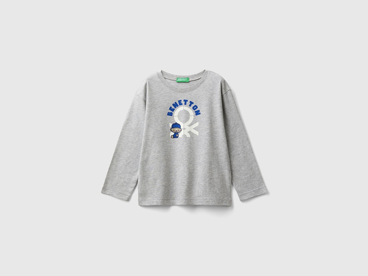 Benetton Erkek Bebek Gri Melanj Çok Renkli Logo Baskılı Bisiklet Yaka Uzun Kollu T-Shirt