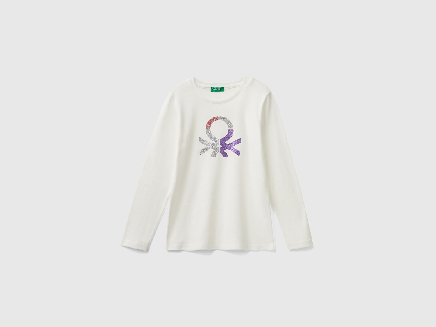 Benetton Kız Çocuk Ekru Önü Parıltılı Logo Baskılı Regular Fit Uzun Kollu T-Shirt
