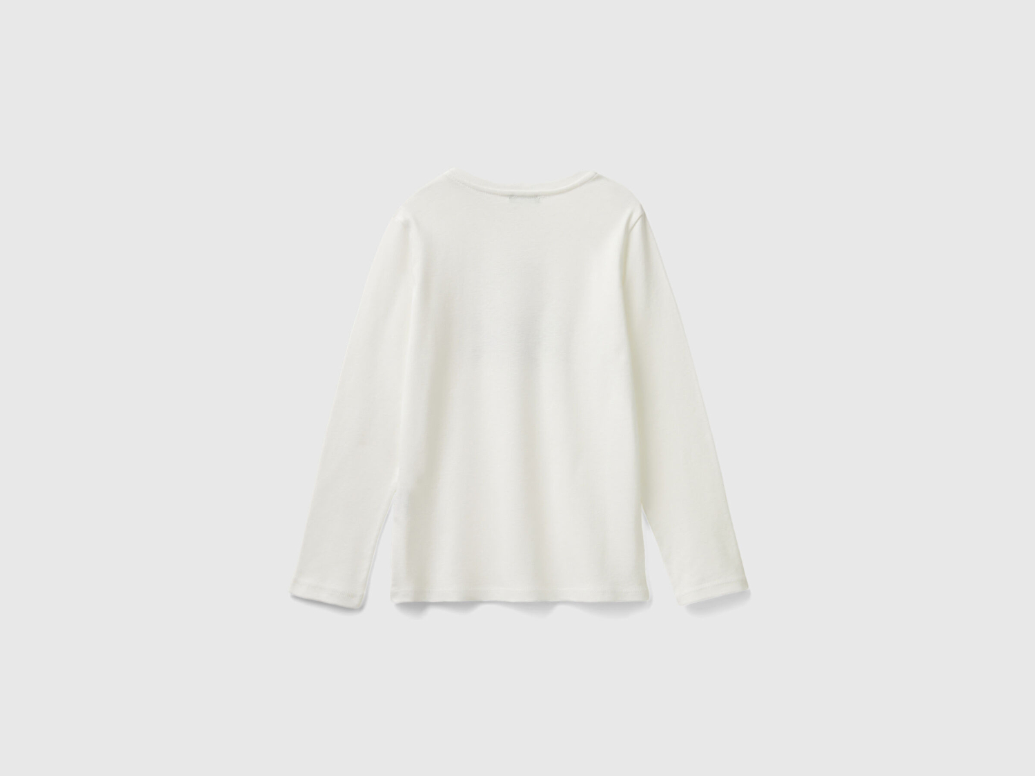 Benetton Kız Çocuk Ekru Önü Parıltılı Logo Baskılı Regular Fit Uzun Kollu T-Shirt