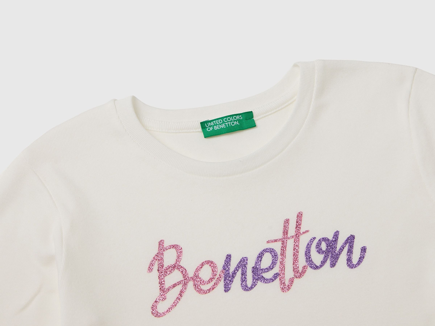 Benetton Kız Çocuk Beyaz Mix Önü Parıltılı Logo Baskılı Regular Fit Uzun Kollu T-Shirt