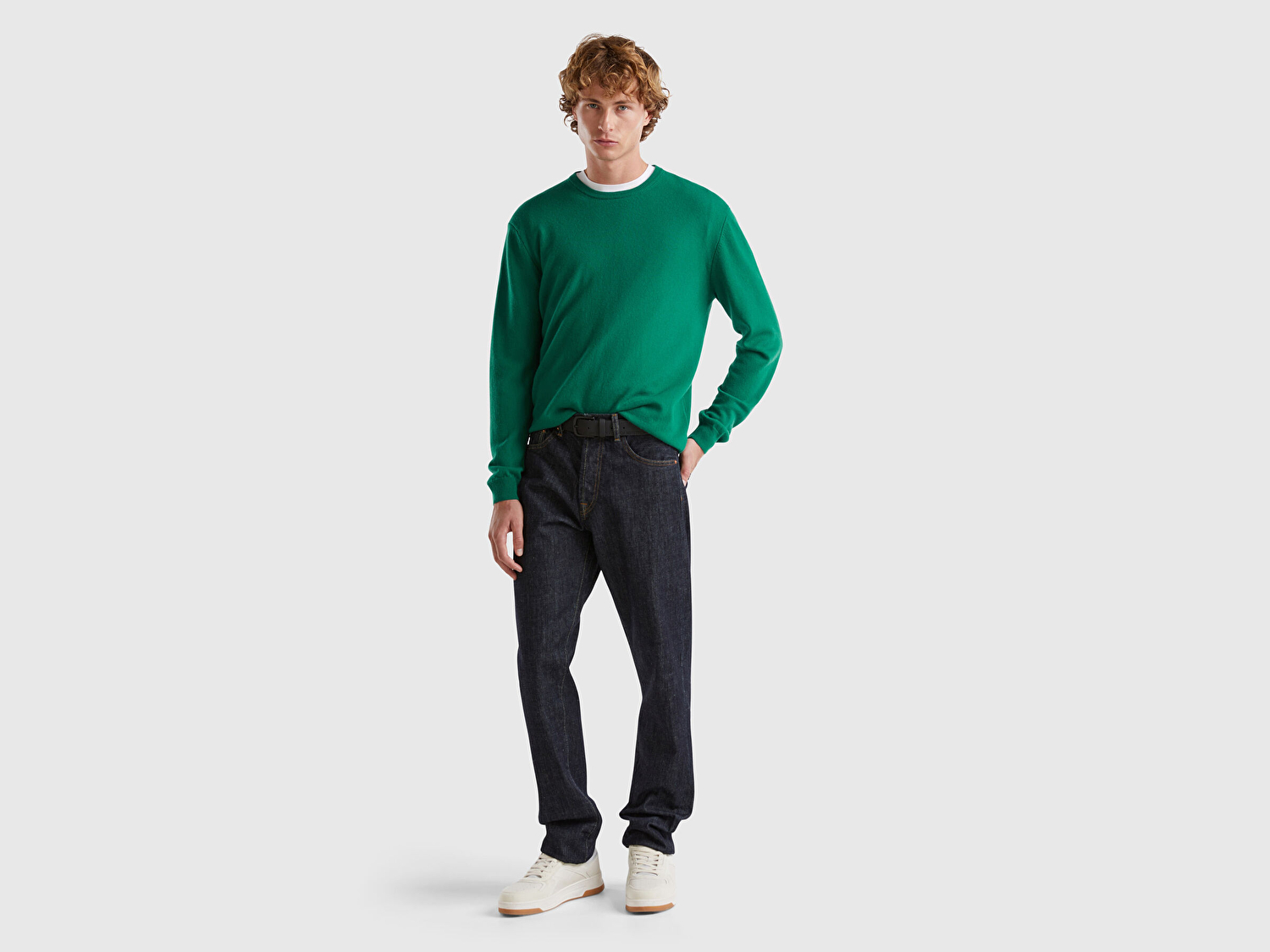 Benetton Erkek Yeşil %100 Merino Bisiklet Yaka  Kazak