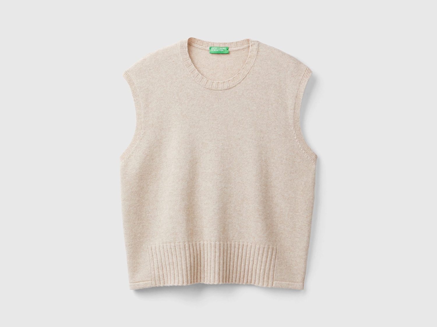 Benetton Kadın Krem Yün ve Viskoz Karışımlı Bisiklet Yaka Kolsuz Kazak