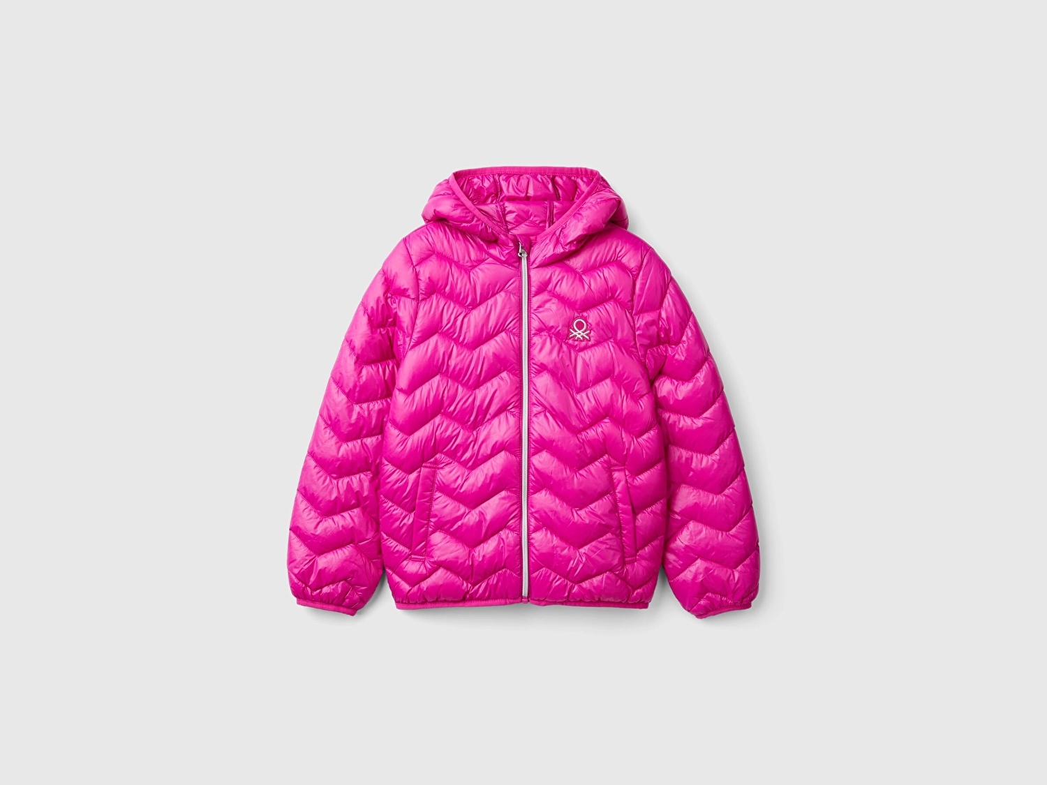 Benetton Kız Çocuk Pembe Simli Logo Detaylı Kapüşonlu Mevsimlik İnce Mont