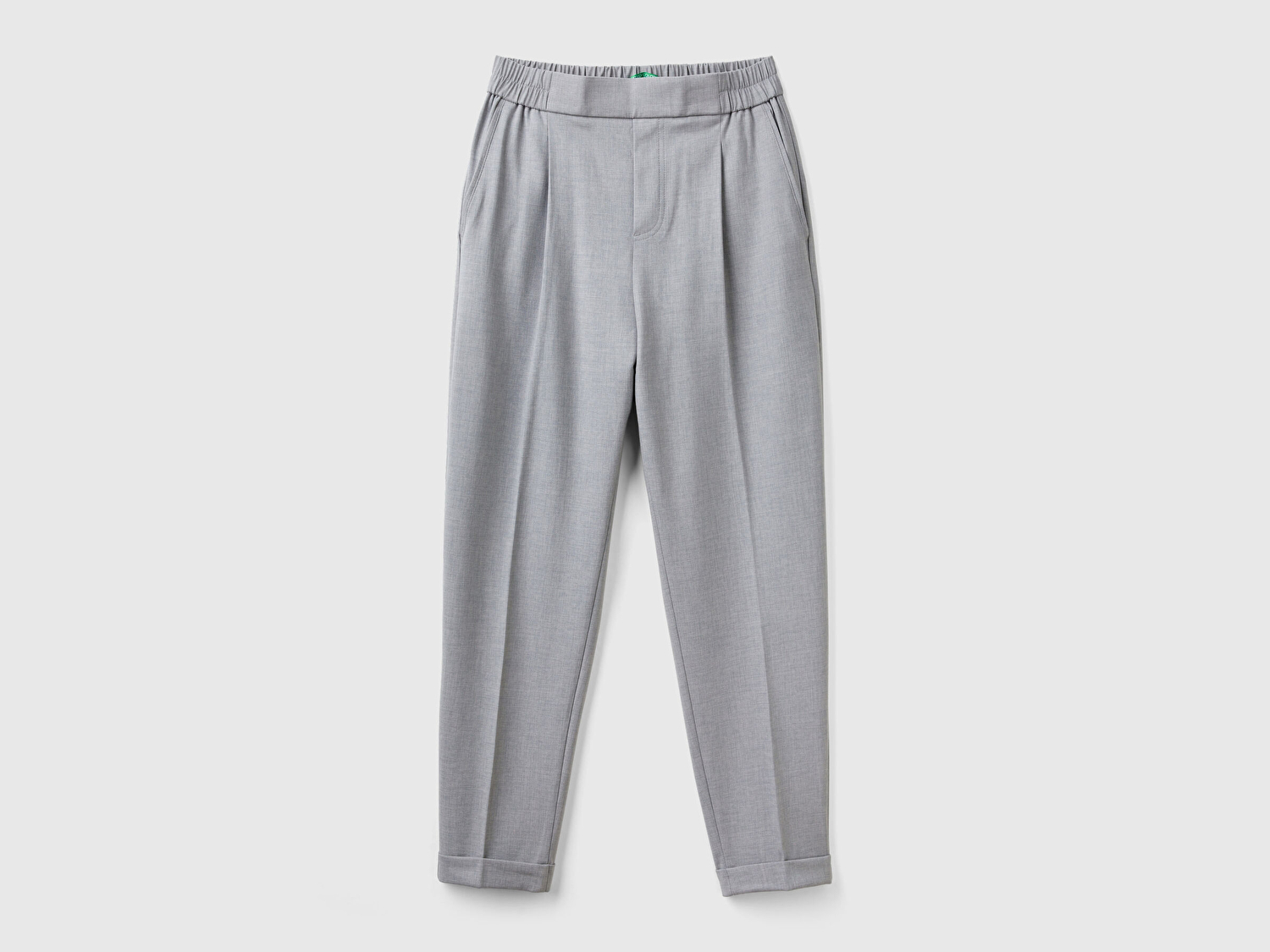 Benetton Kadın Gri Viskoz Karışımlı Yanı ve Arkası Büzgülü Kıvrık Paça Pantolon