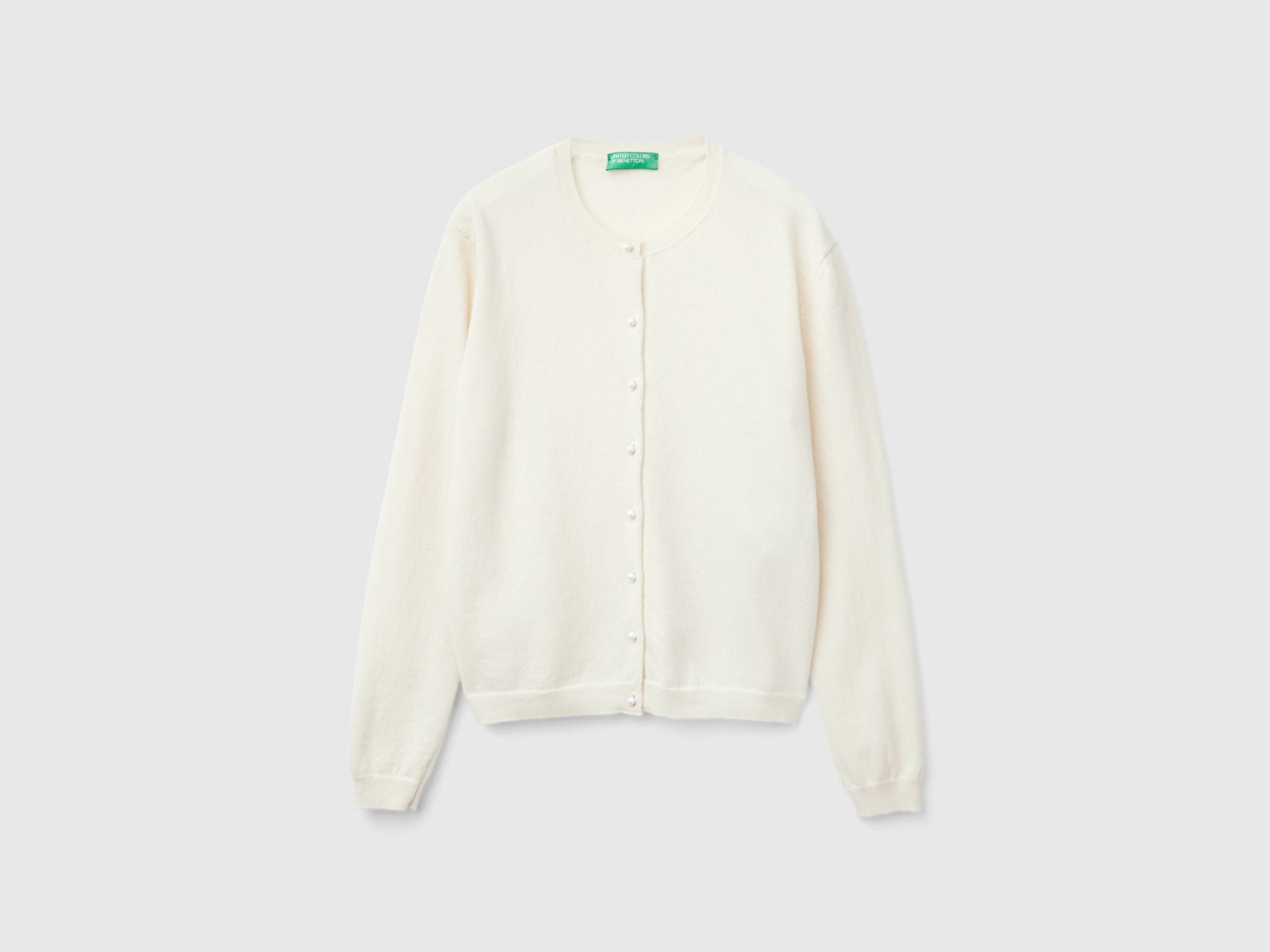 Benetton Kadın Krem %100 Merino Bisiklet Yaka İnci Düğmeli  Hırka