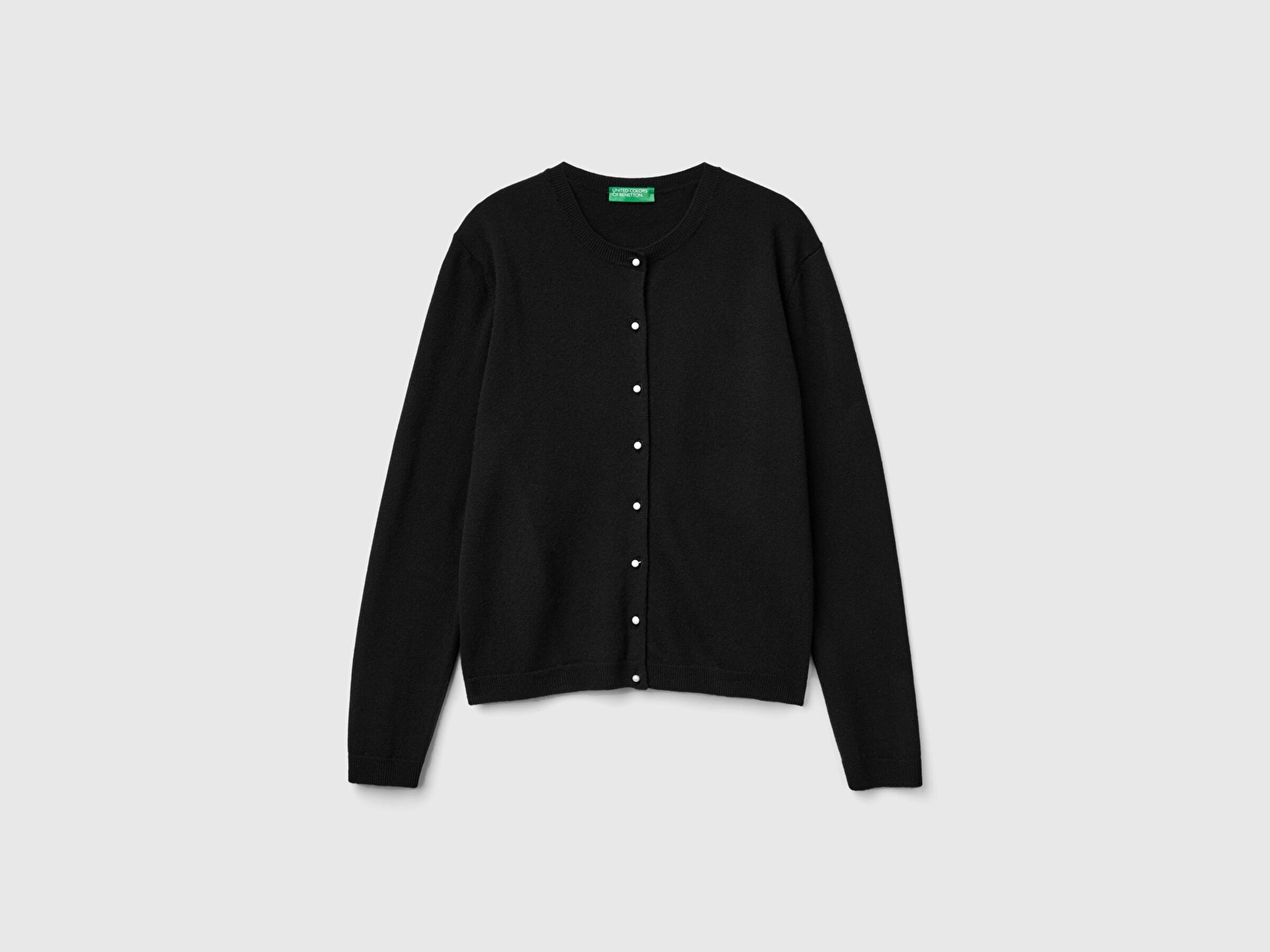 Benetton Kadın Siyah %100 Merino Bisiklet Yaka İnci Düğmeli  Hırka