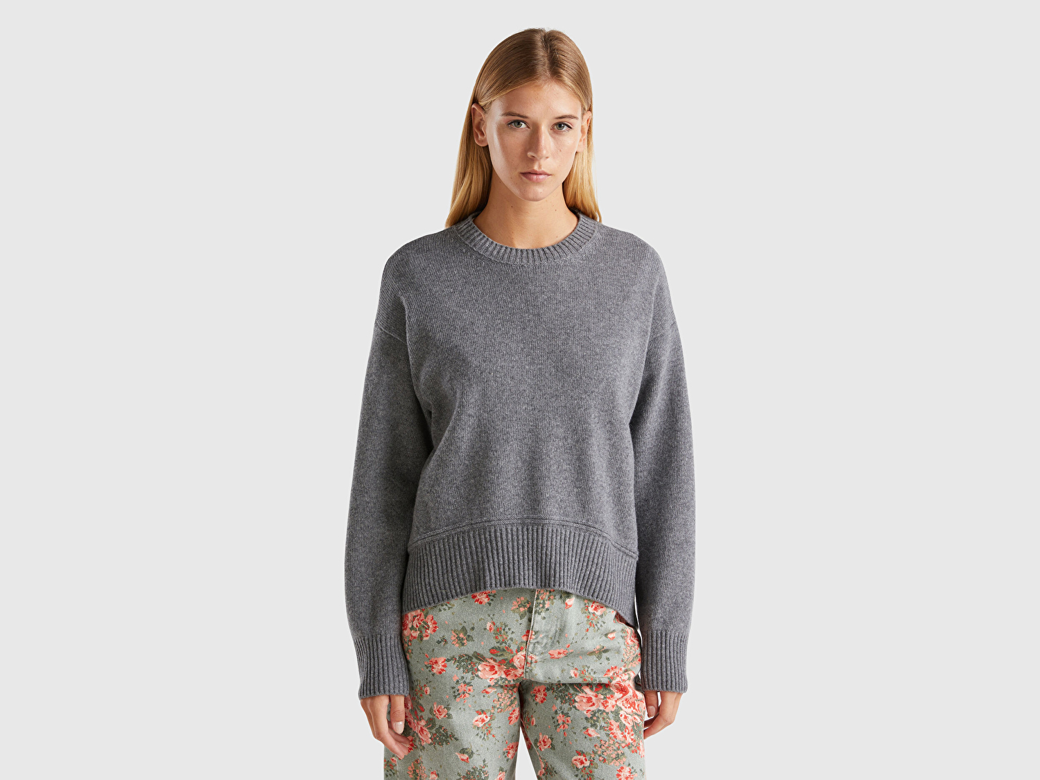 Benetton Kadın Antrasit Melanj Yün Karışımlı Alt Kısmı Geniş Bisiklet Yaka Kazak