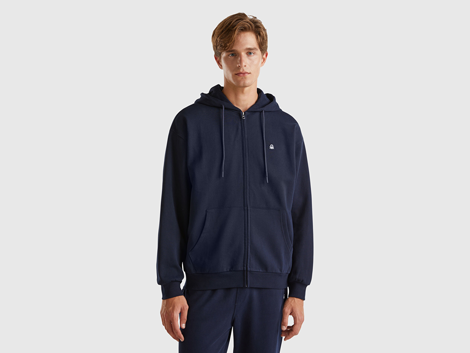 Benetton Erkek Lacivert %100 Pamuk Dar Kesim Fermuarlı Kapüşonlu Sweatshirt