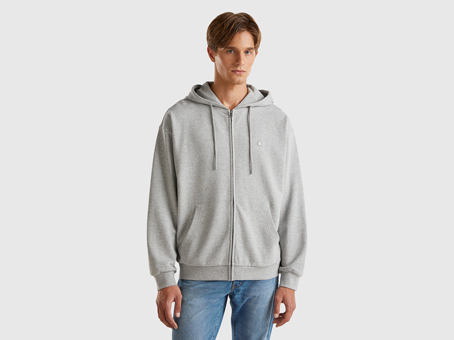 Benetton Erkek Gri Melanj %100 Pamuk Dar Kesim Fermuarlı Kapüşonlu Sweatshirt