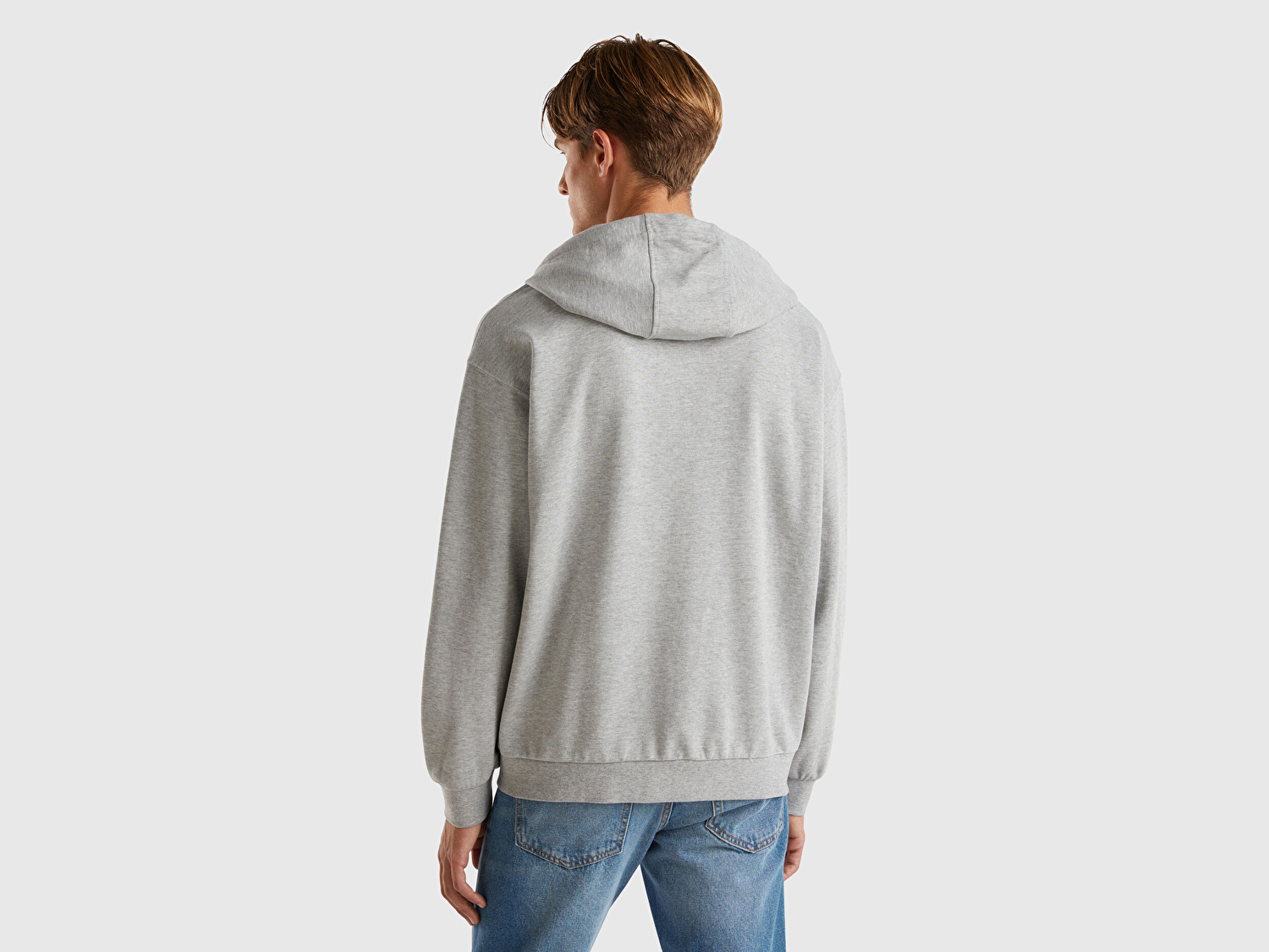 Benetton Erkek Gri Melanj %100 Pamuk Dar Kesim Fermuarlı Kapüşonlu Sweatshirt