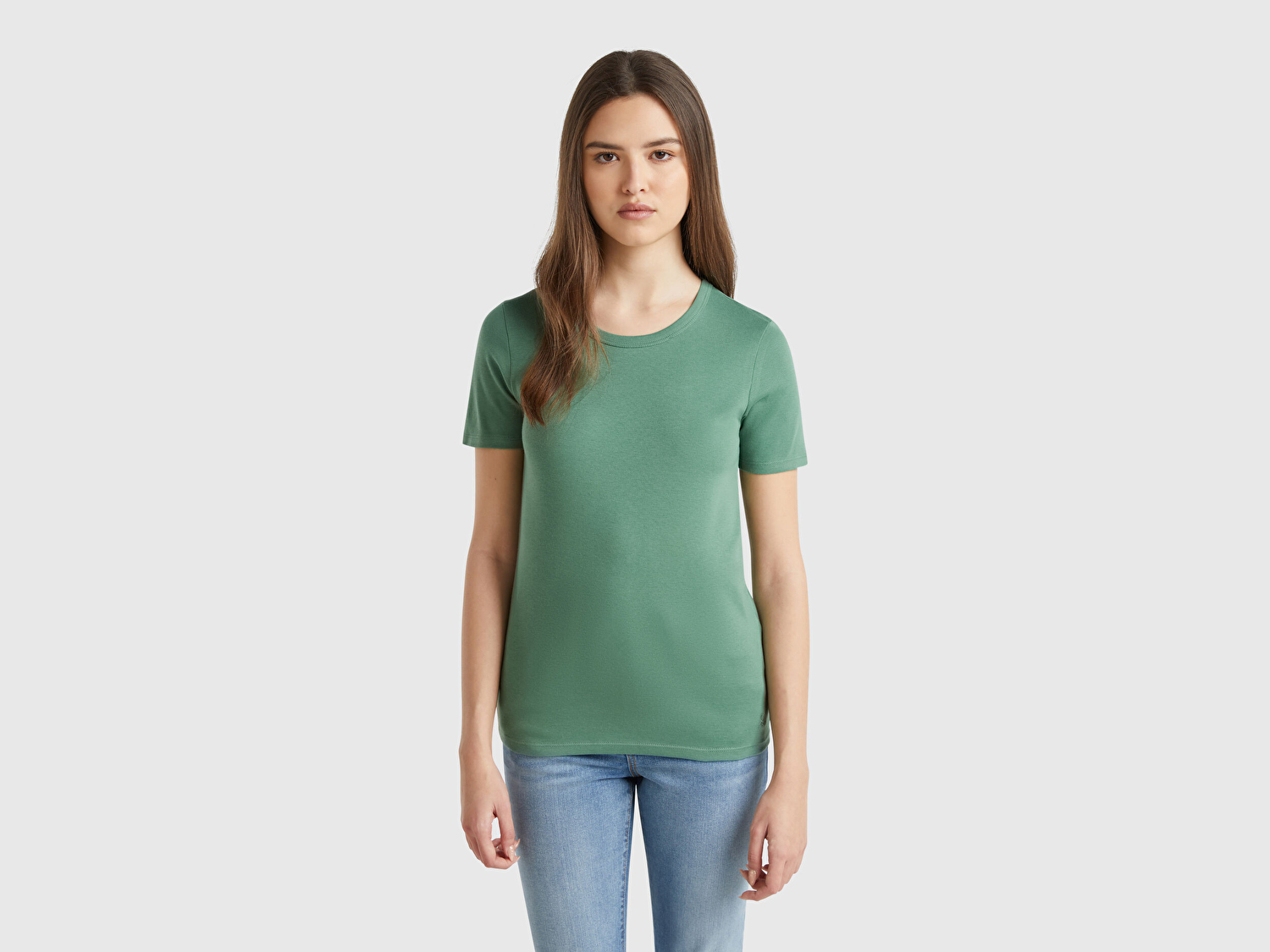 Benetton Kadın Açık Yeşil %100 Koton Basic Kısa Kollu Bisiklet Yaka T-Shirt