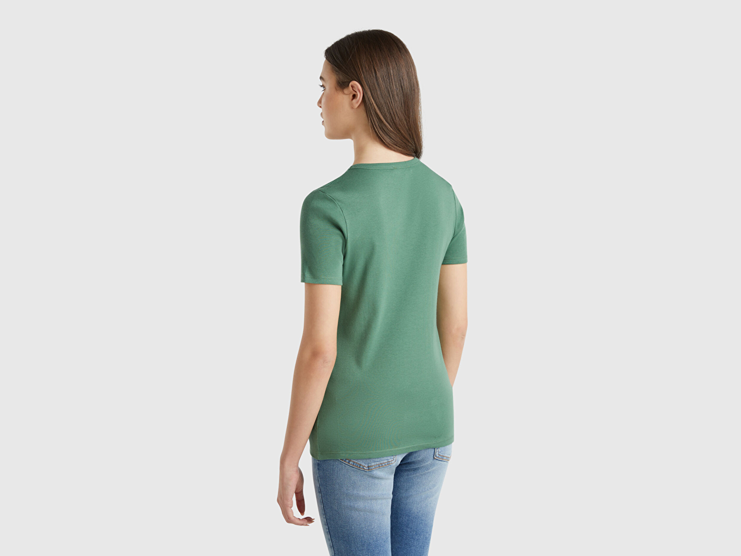 Benetton Kadın Açık Yeşil %100 Koton Basic Kısa Kollu Bisiklet Yaka T-Shirt
