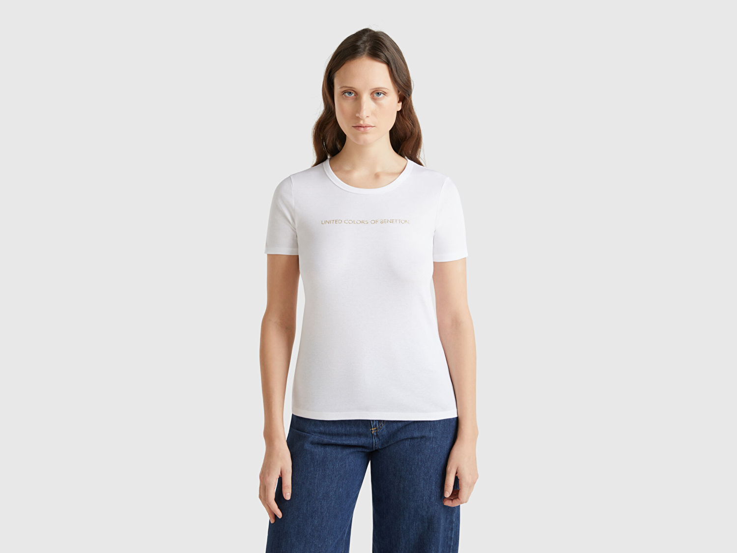 Kadın Beyaz %100 Koton Benetton Yazılı Basic T-Shirt
