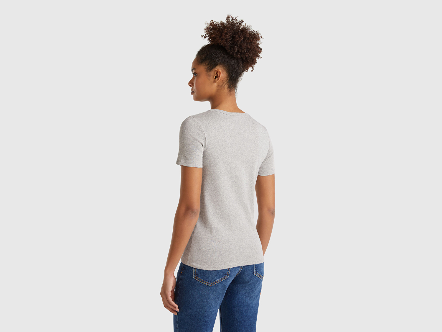 Benetton Kadın Gri Melanj %100 Koton Benetton Yazılı Basic T-Shirt