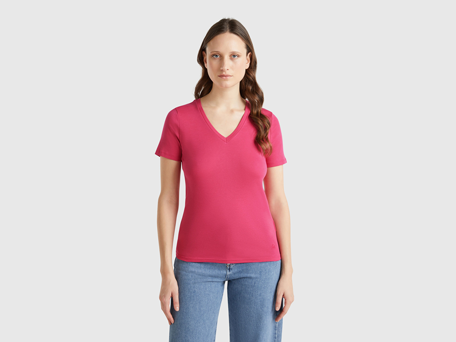 Benetton Kadın Fuşya %100 Pamuk V Yaka Basic T-Shirt