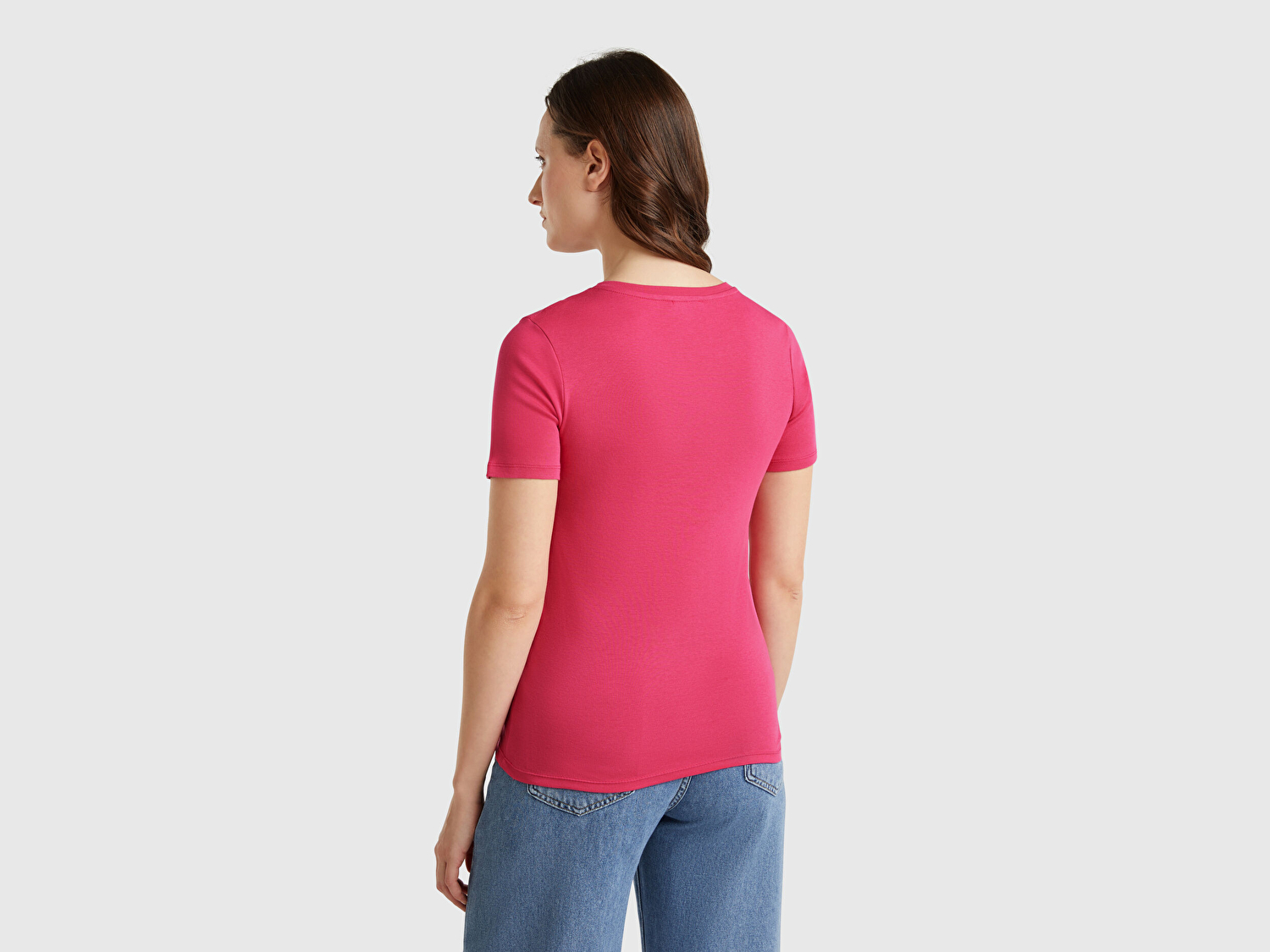 Benetton Kadın Fuşya %100 Pamuk V Yaka Basic T-Shirt