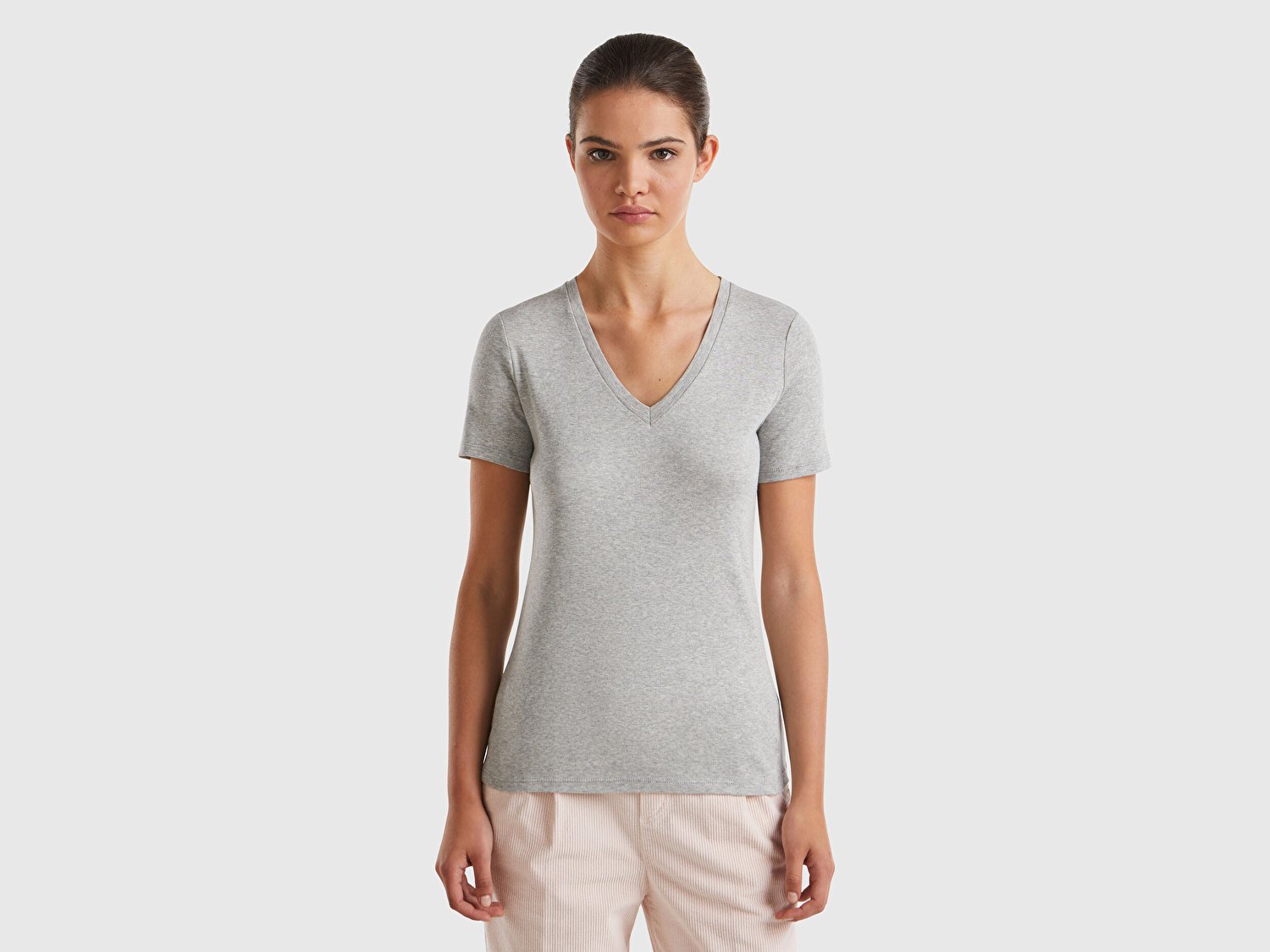 Benetton Kadın Gri Melanj %100 Pamuk V Yaka Basic T-Shirt
