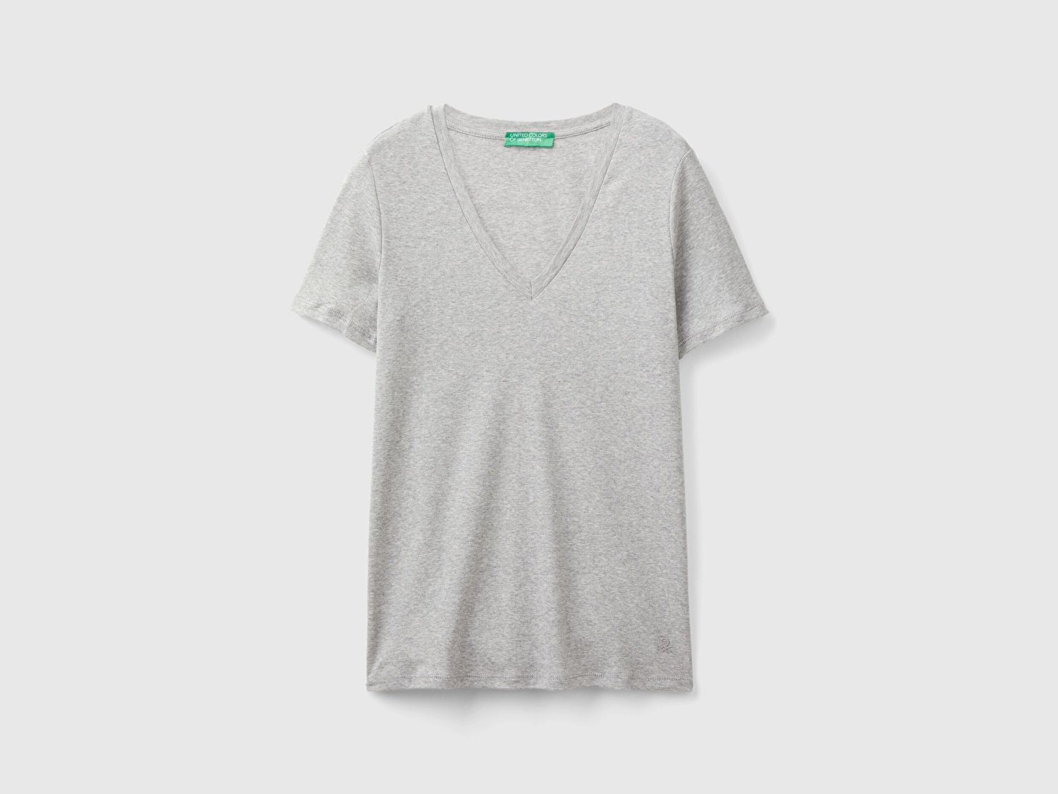 Benetton Kadın Gri Melanj %100 Pamuk V Yaka Basic T-Shirt
