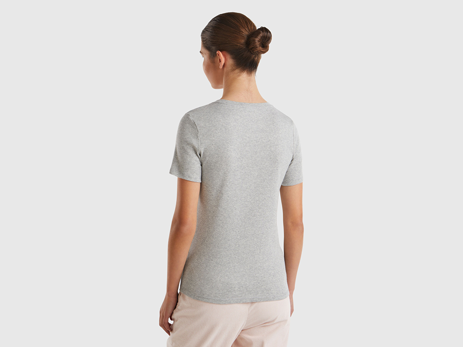 Benetton Kadın Gri Melanj %100 Pamuk V Yaka Basic T-Shirt