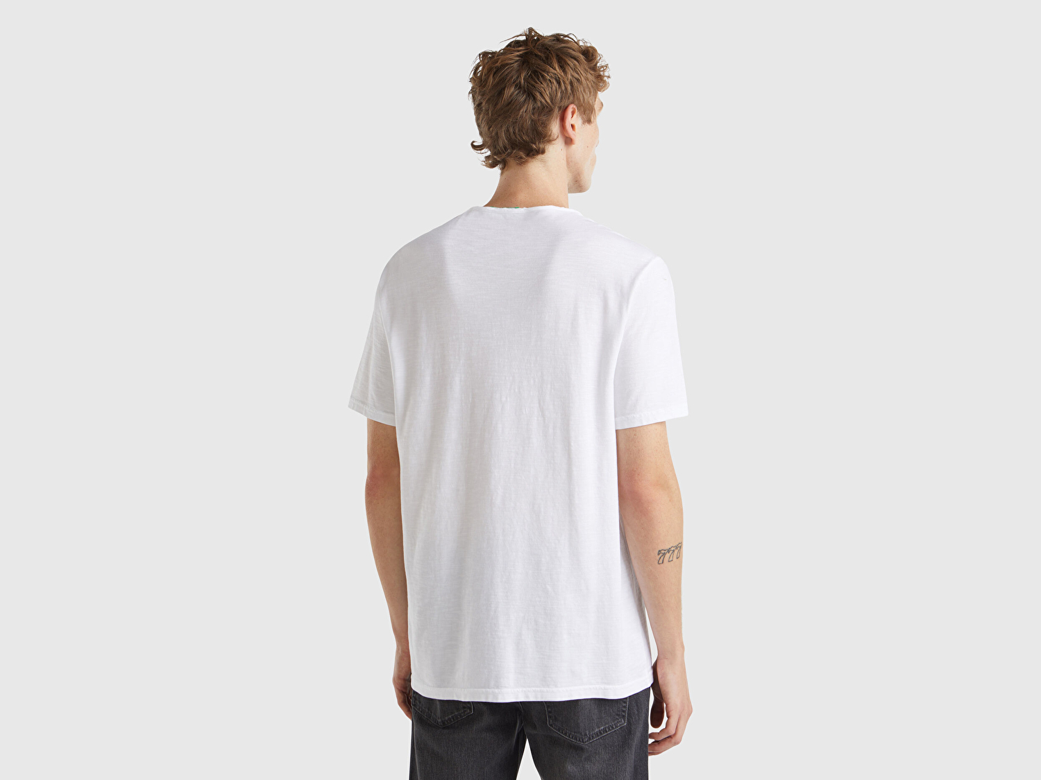 Benetton Erkek Beyaz Bisiklet Yaka Slub T-shirt