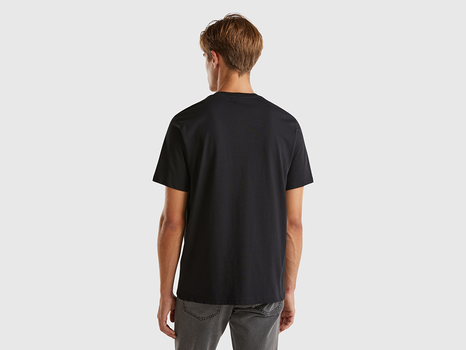 Benetton Erkek Siyah %100 Koton Benetton Logolu Bisiklet Yaka T-Shirt