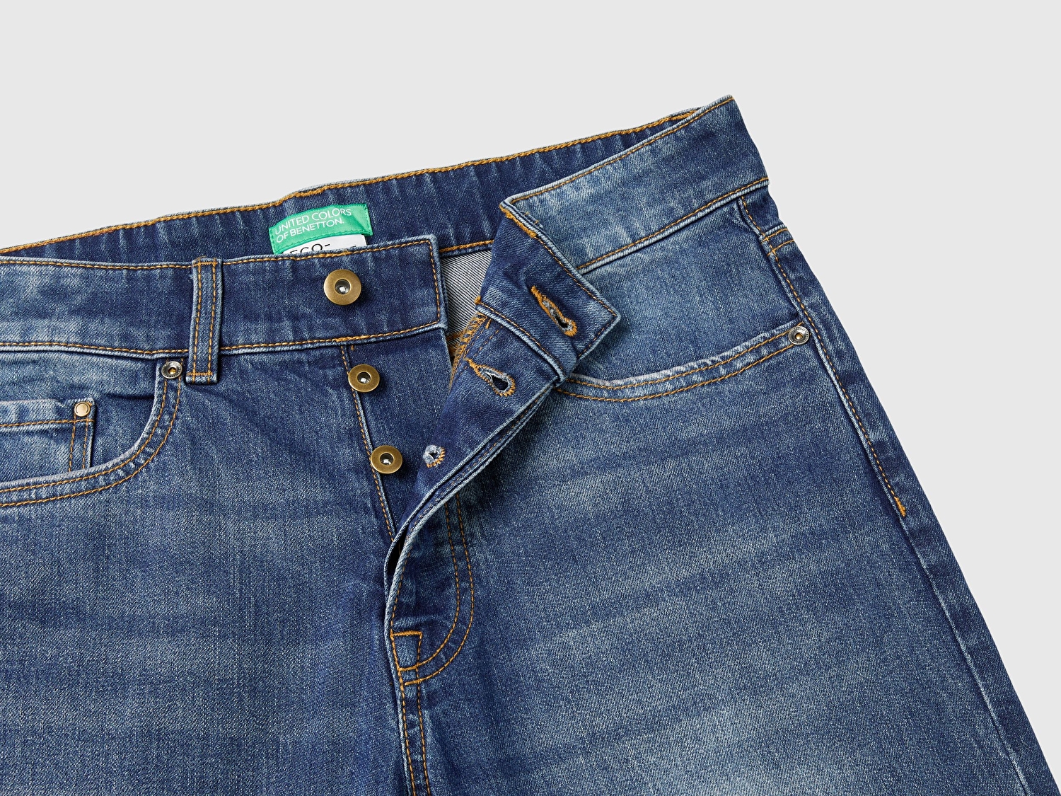 Benetton Erkek Mavi Pamuk Karışımlı Arkası Logo Etiketli Cepli Slim Fit Denim Pantolon